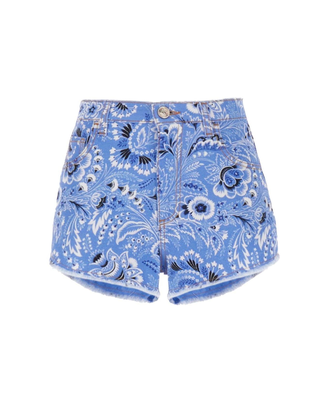 Etro Bandana-print Frayed Denim Shorts - Blue