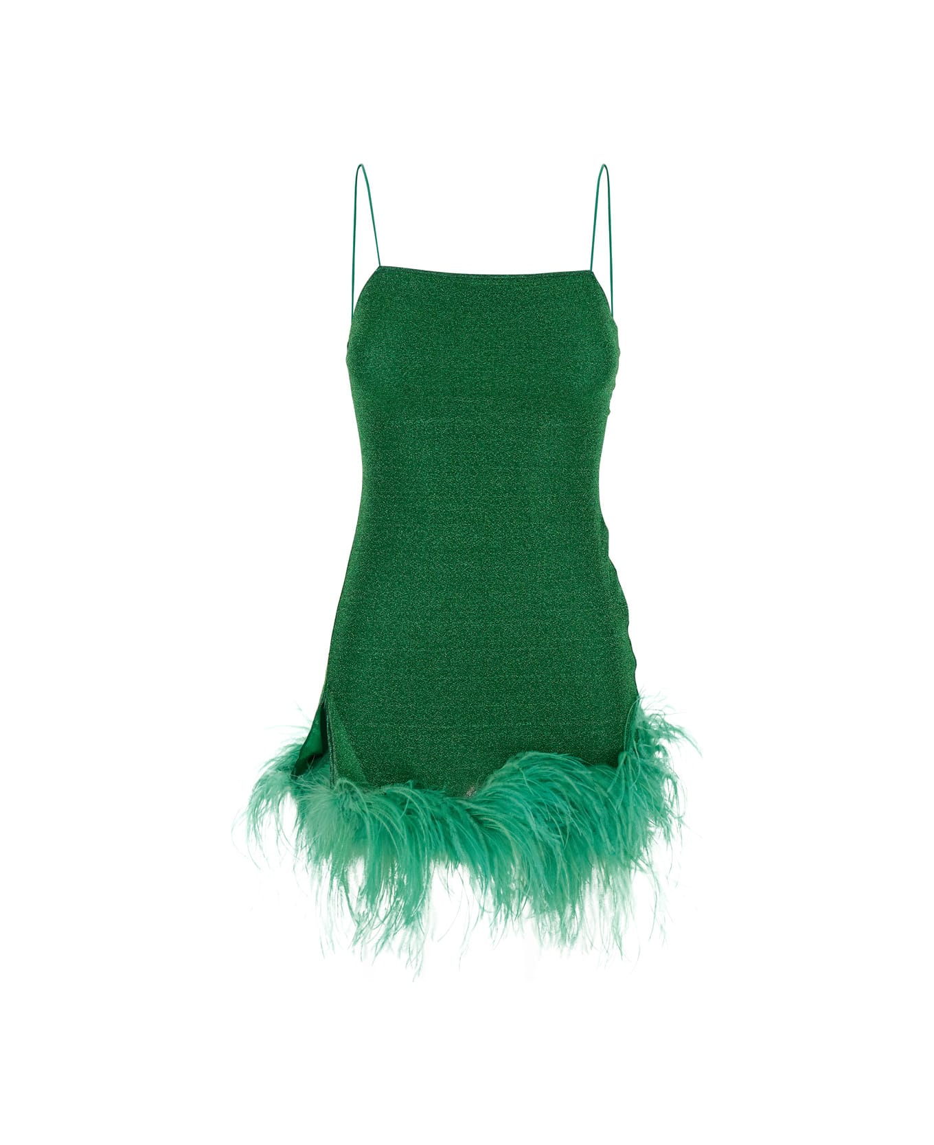 Oseree 'lumiere Plumage' Green Sleeveless Slip Dress With Tonal Feathered Hem In Tech Fabric Stretch Woman - Green