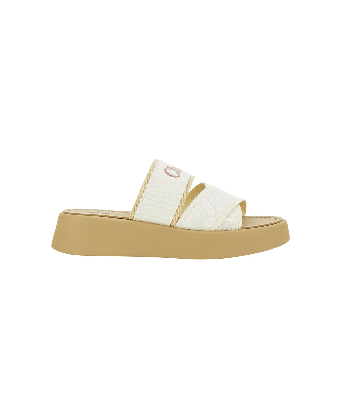 Chloé 'mila' Beige And White Sabot With Branded Strap In Linen Blend Woman - White
