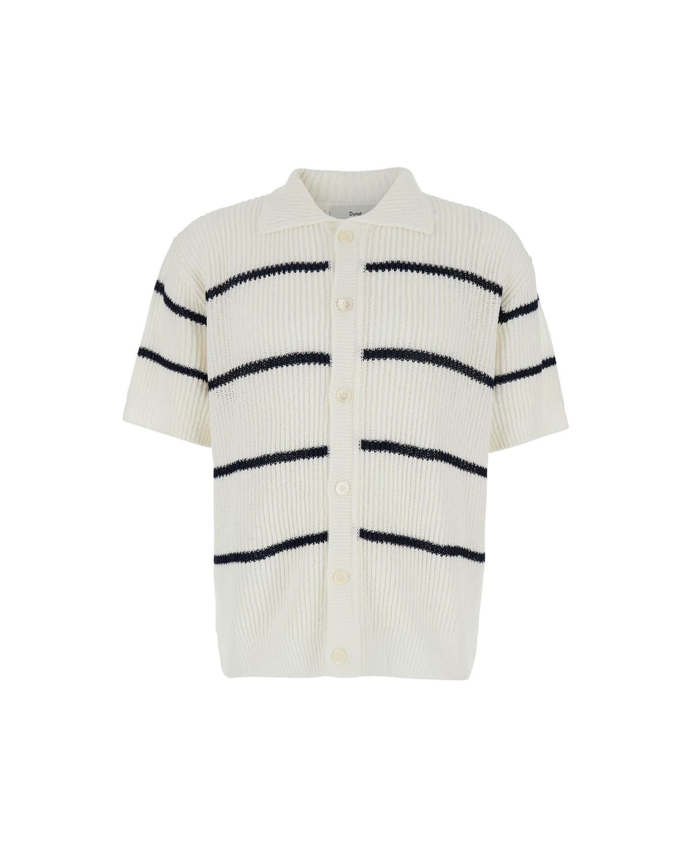 Dunst White Knitted Polo Shirt With All-over Striped Motif In Linen Blend Man - White