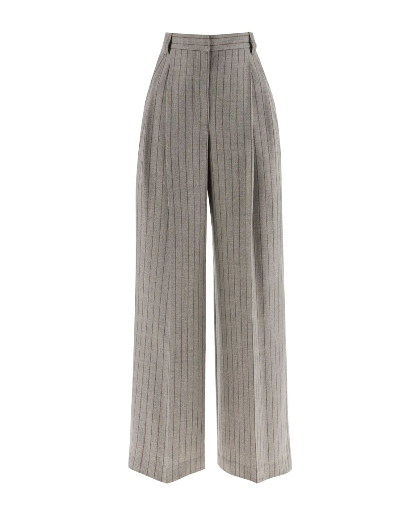 Brunello Cucinelli Wide Virgin Wool Pinstripe Trousers - TAUPE/TABACCO (Grey)