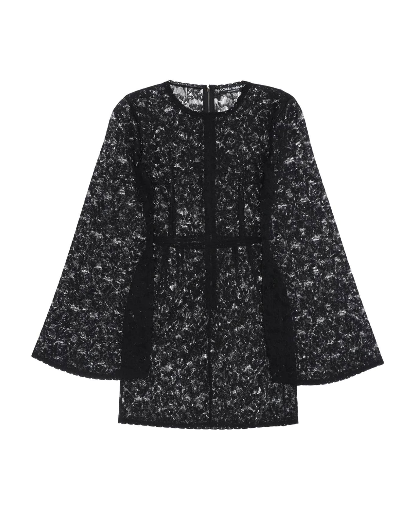 Dolce & Gabbana Mini Dress In Floral Openwork Knit - NERO (Black)