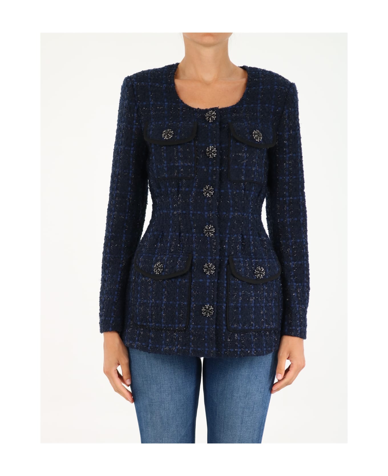 self-portrait Navy Metallic Boucle Jacket - Blue