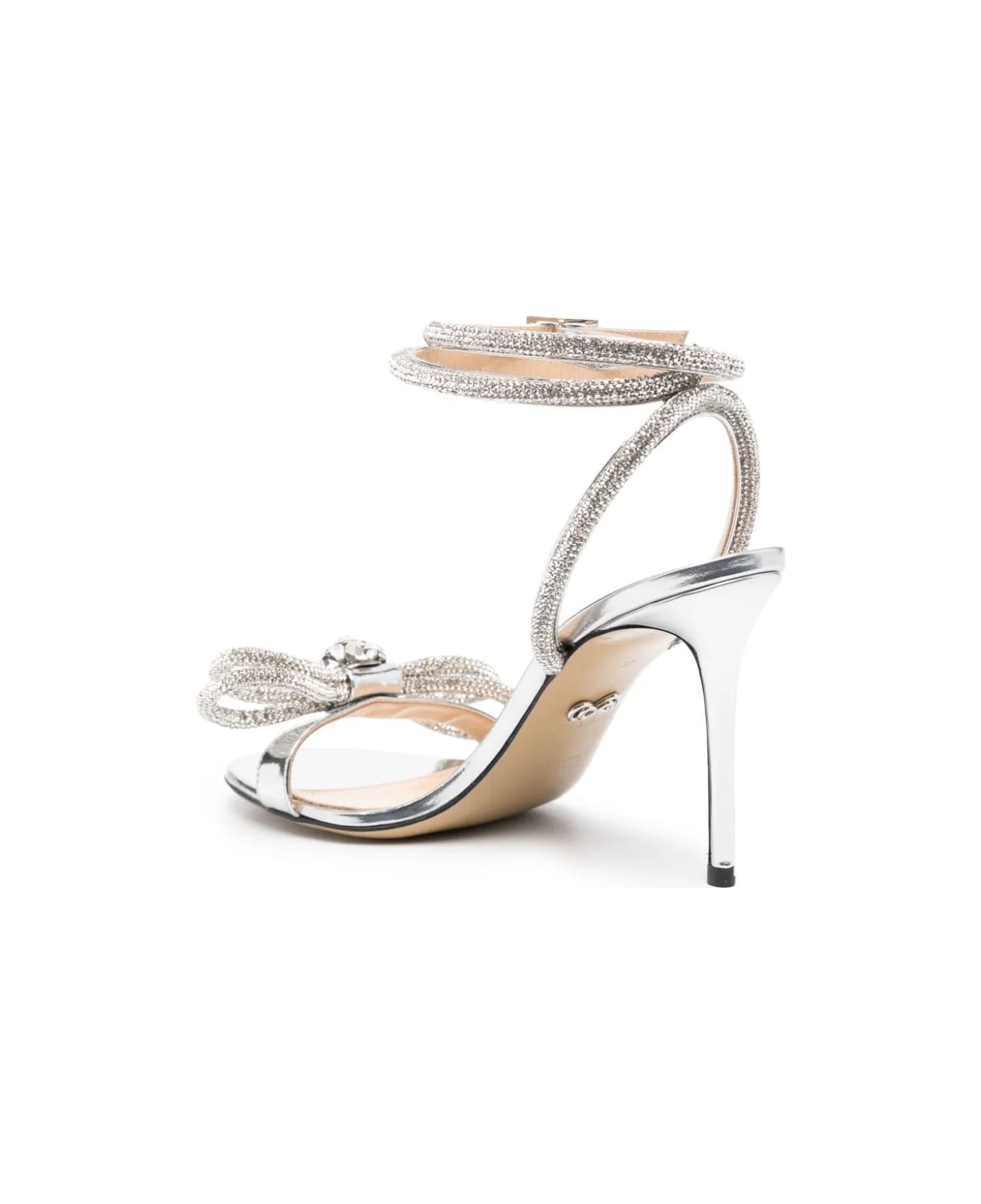 Mach & Mach Double Bow 100 Mm Sandals In Silver Metallic Leather With Crystals - Silver