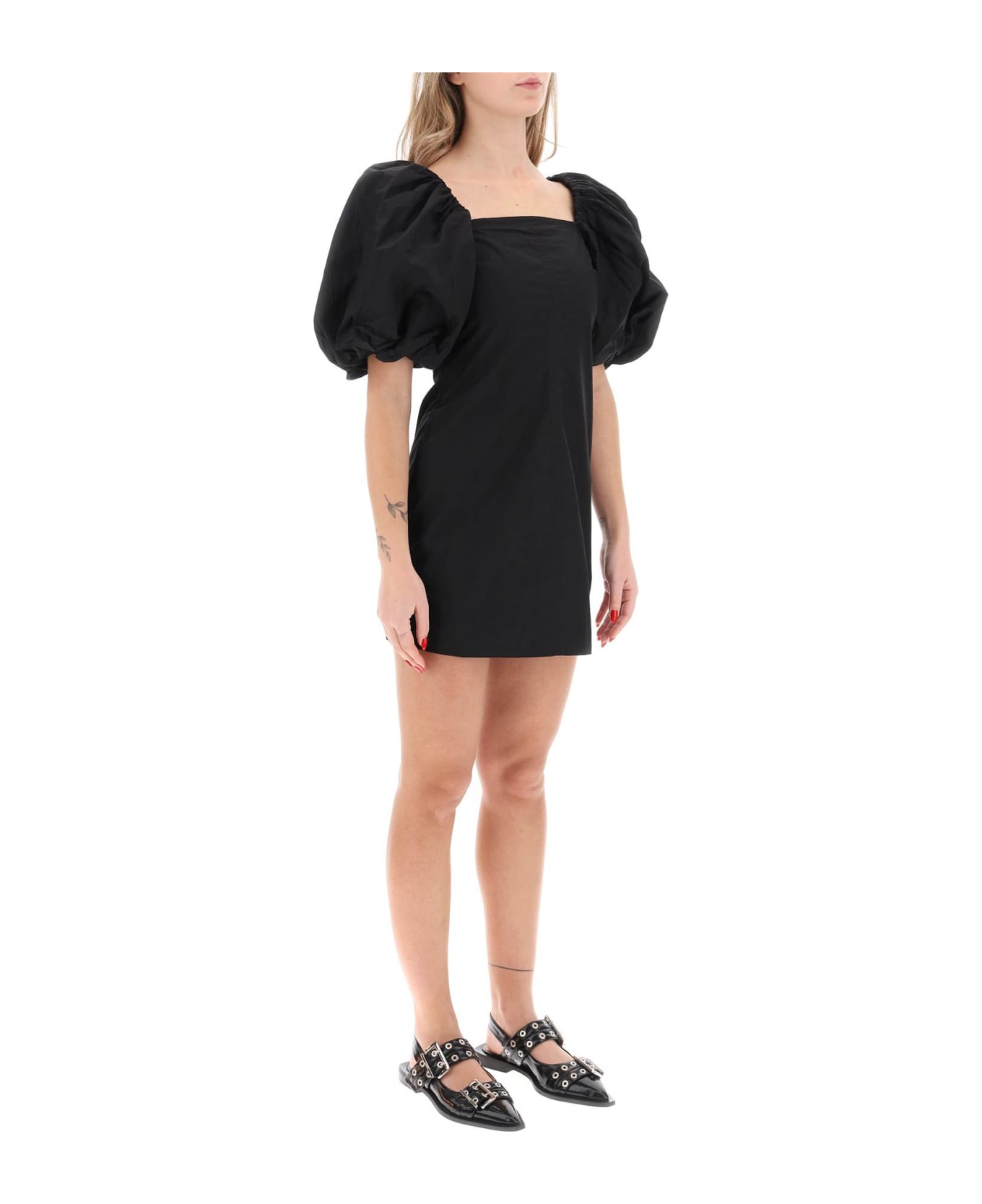 Ganni Mini Dress With Balloon Sleeves - BLACK (Black)