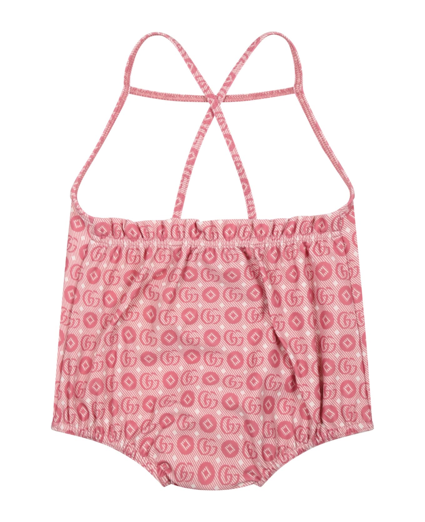 Gucci Pink Swimsuit For Baby Girl With A Double G Geometric Motif - Pink