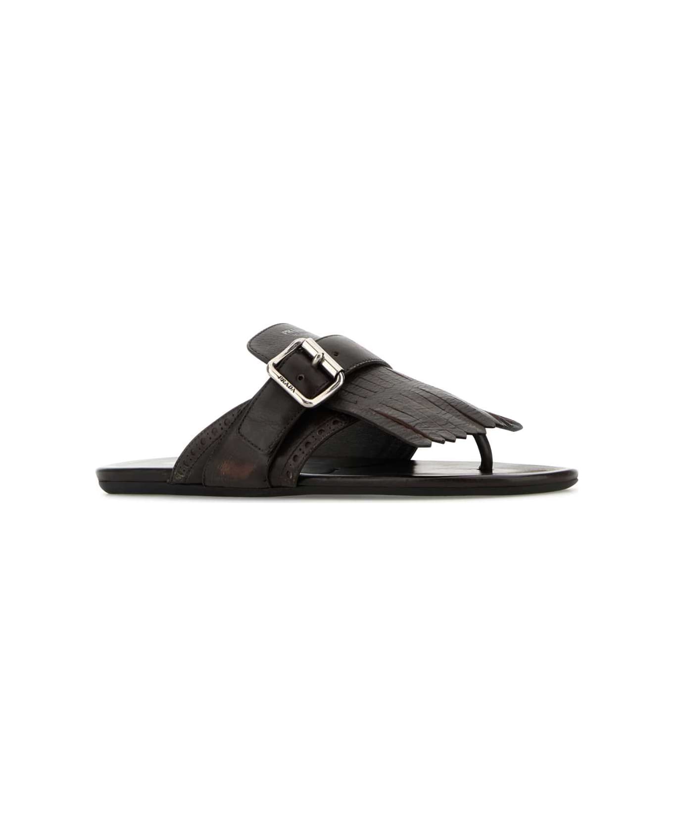 Prada Dark Brown Leather Shuffle Thong Slippers - MORO