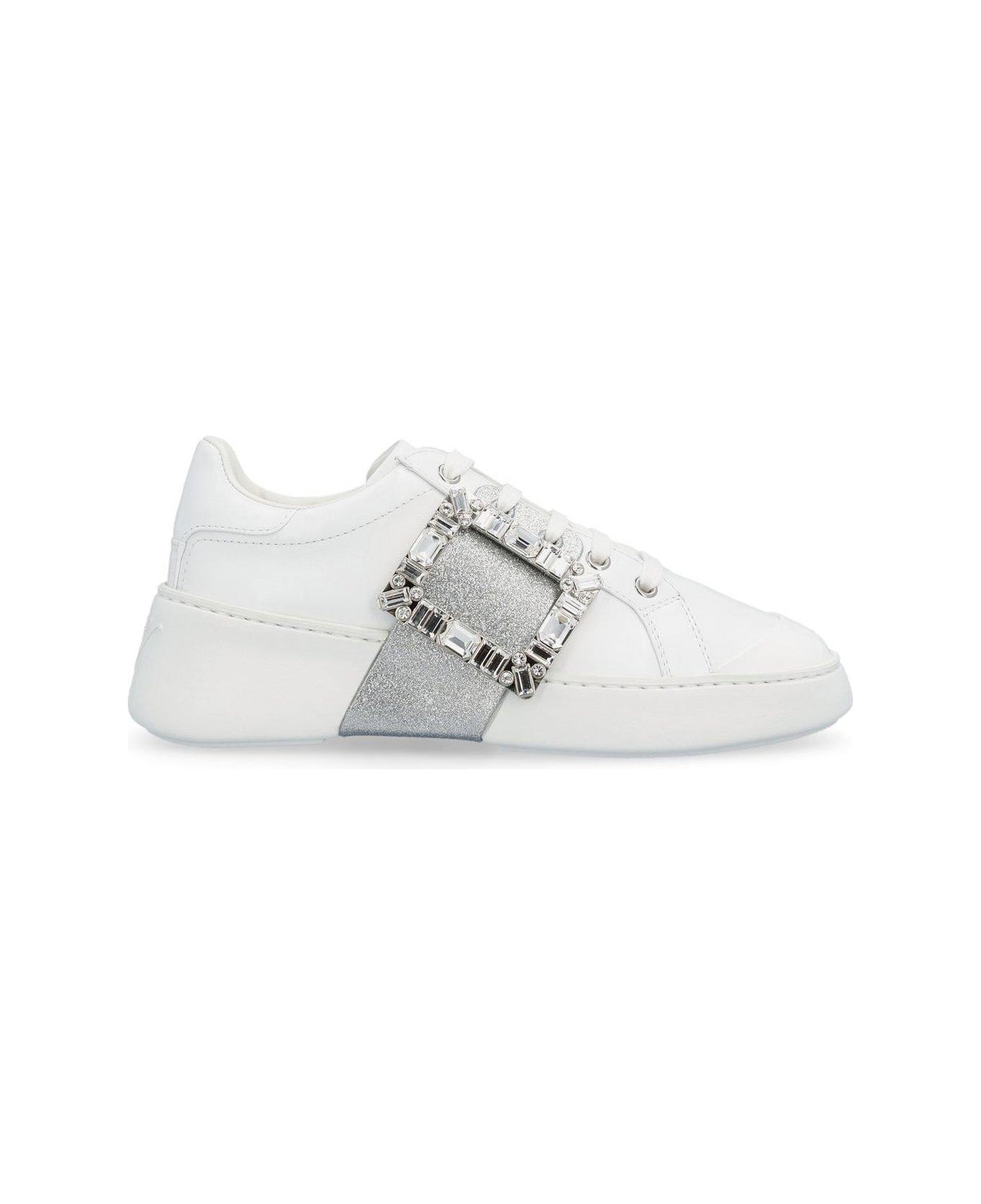 Roger Vivier Viv' Skate Glitter Embellished Buckle Sneakers - White