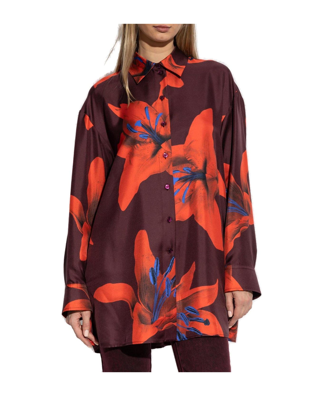 Alexander McQueen Floral Printed Buttoned Shirt - BURGUNDY-FIRERED