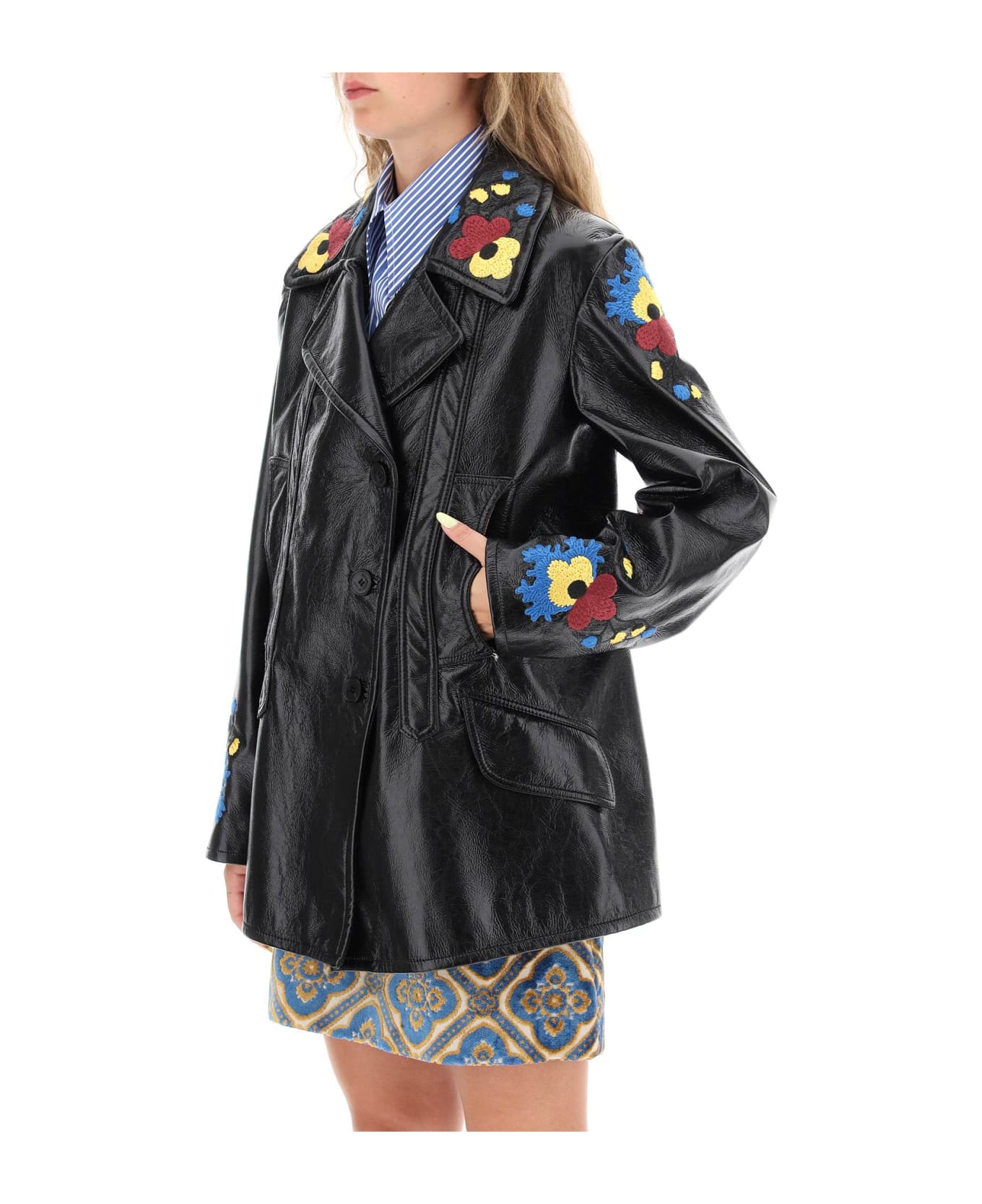 Etro Jacket In Patent Faux Leather With Floral Embroideries - BLACK (Black)