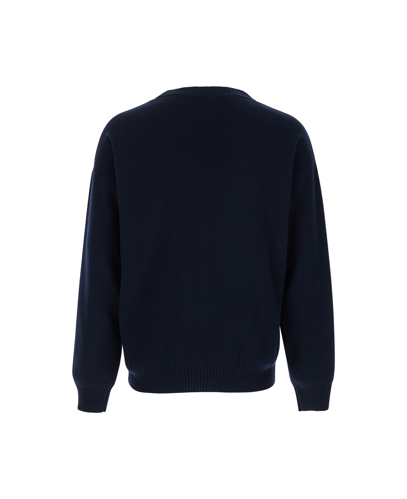 Emporio Armani Dark Blue Sweater With Logo Embroidery In Wool And Cotton Man - Blu