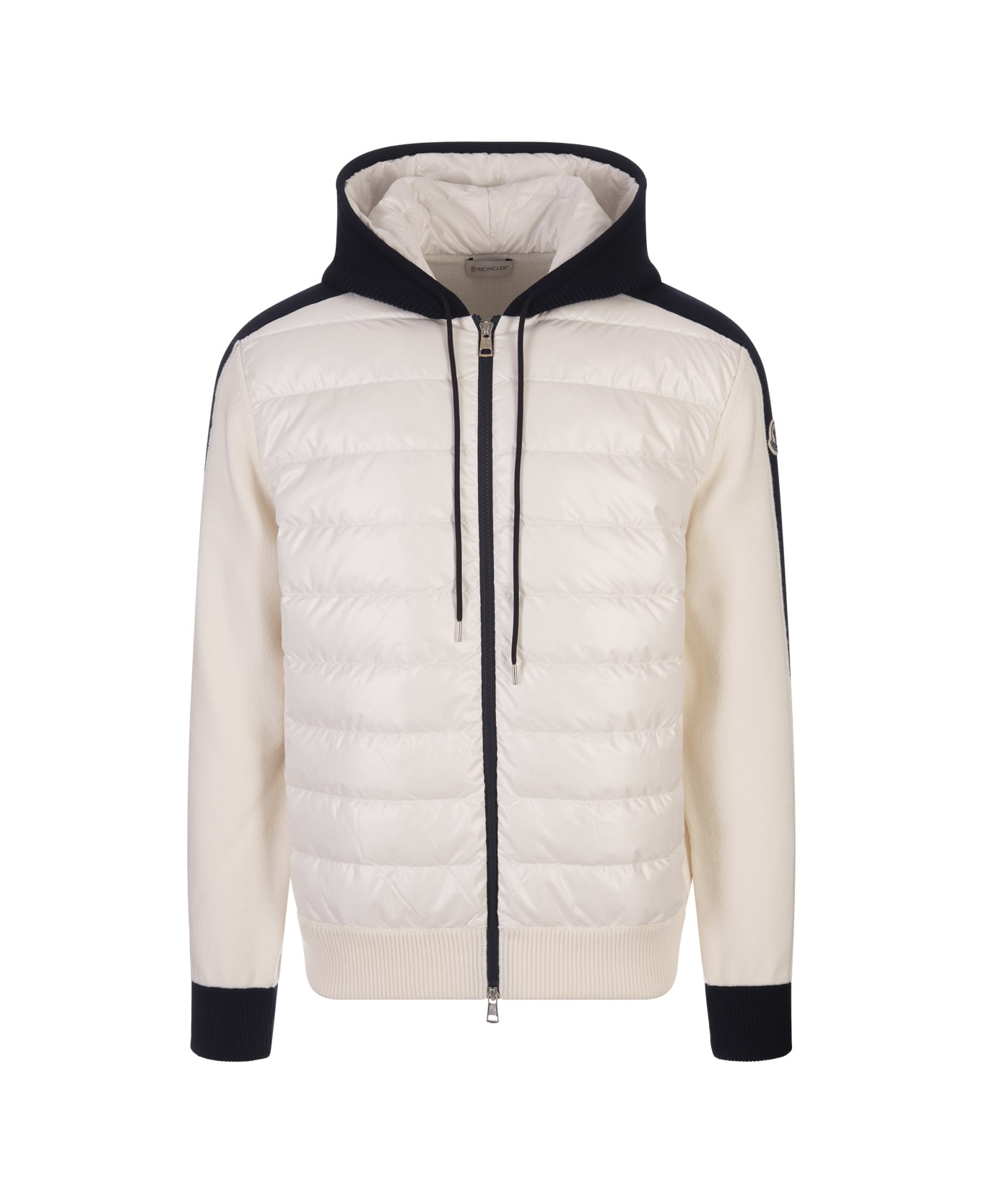 Moncler Padded Tricot Cardigan With Hood In White And Navy Blue - White