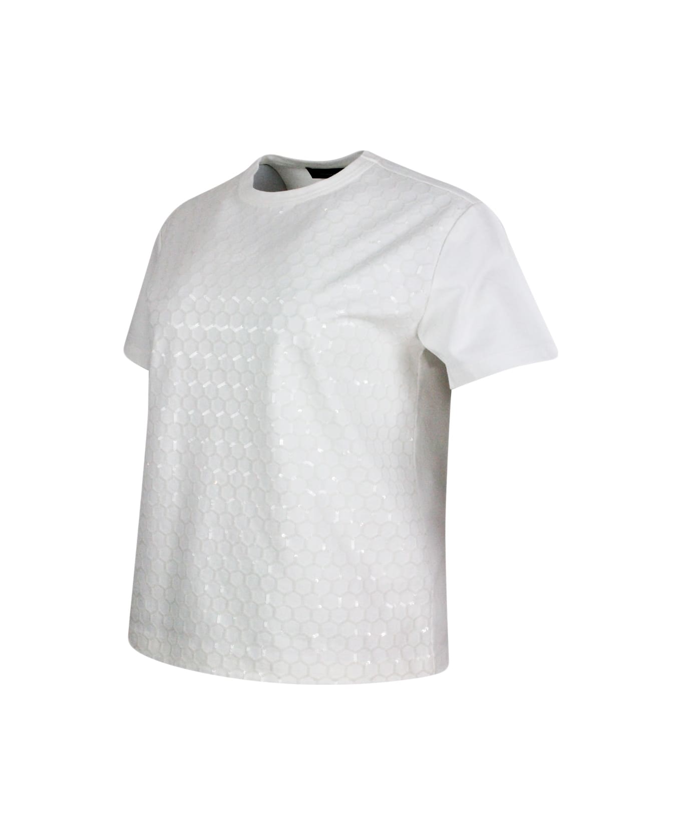 Fabiana Filippi Crew-neck, Short-sleeved T-shirt Made Of Soft Cotton Embellished With Sequin Applications That Give A Three-dimensional Effect To The Garment. - White Tシャツ