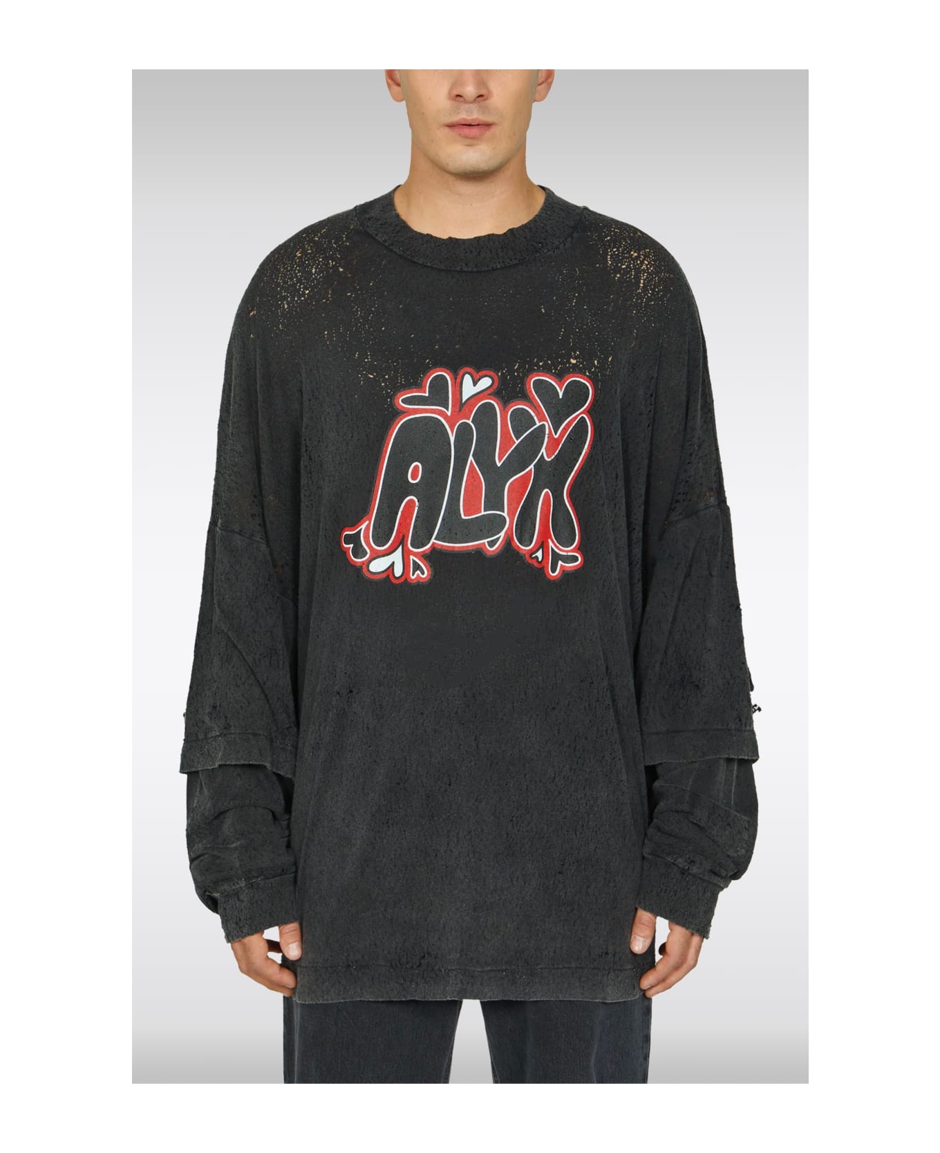 1017 ALYX 9SM Double Sleeve Needle Punch Grafic T-shirt Black Distressed Jersey Double Sleeves T-shirt With Logo - Double Sleeve Needle Punch Graphic T-shirt - Nero Tシャツ