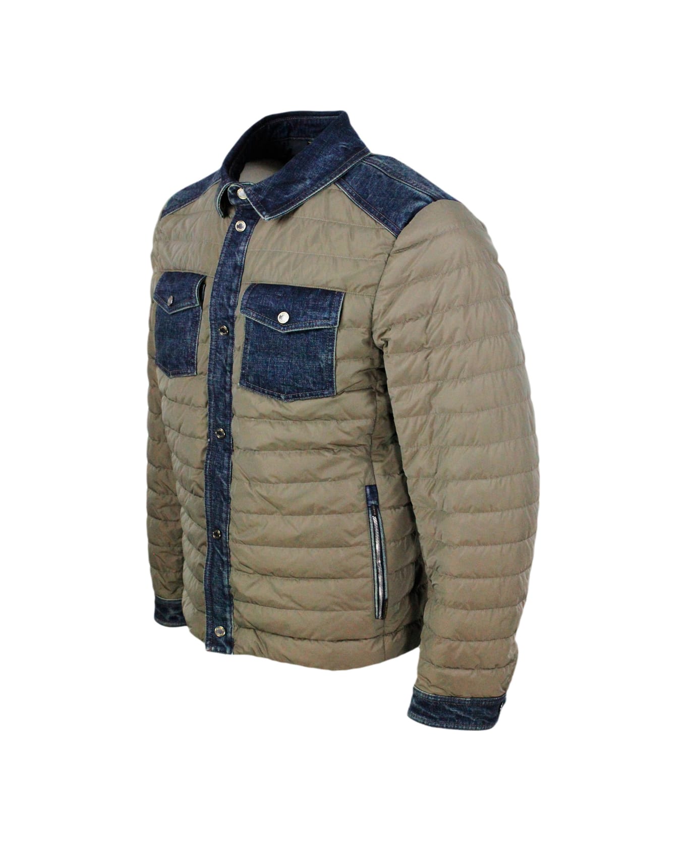 Moorer 100 Gram Light Down Jacket With Denim Inserts And Details. Internal And External Side Pockets And Button Closure - Military