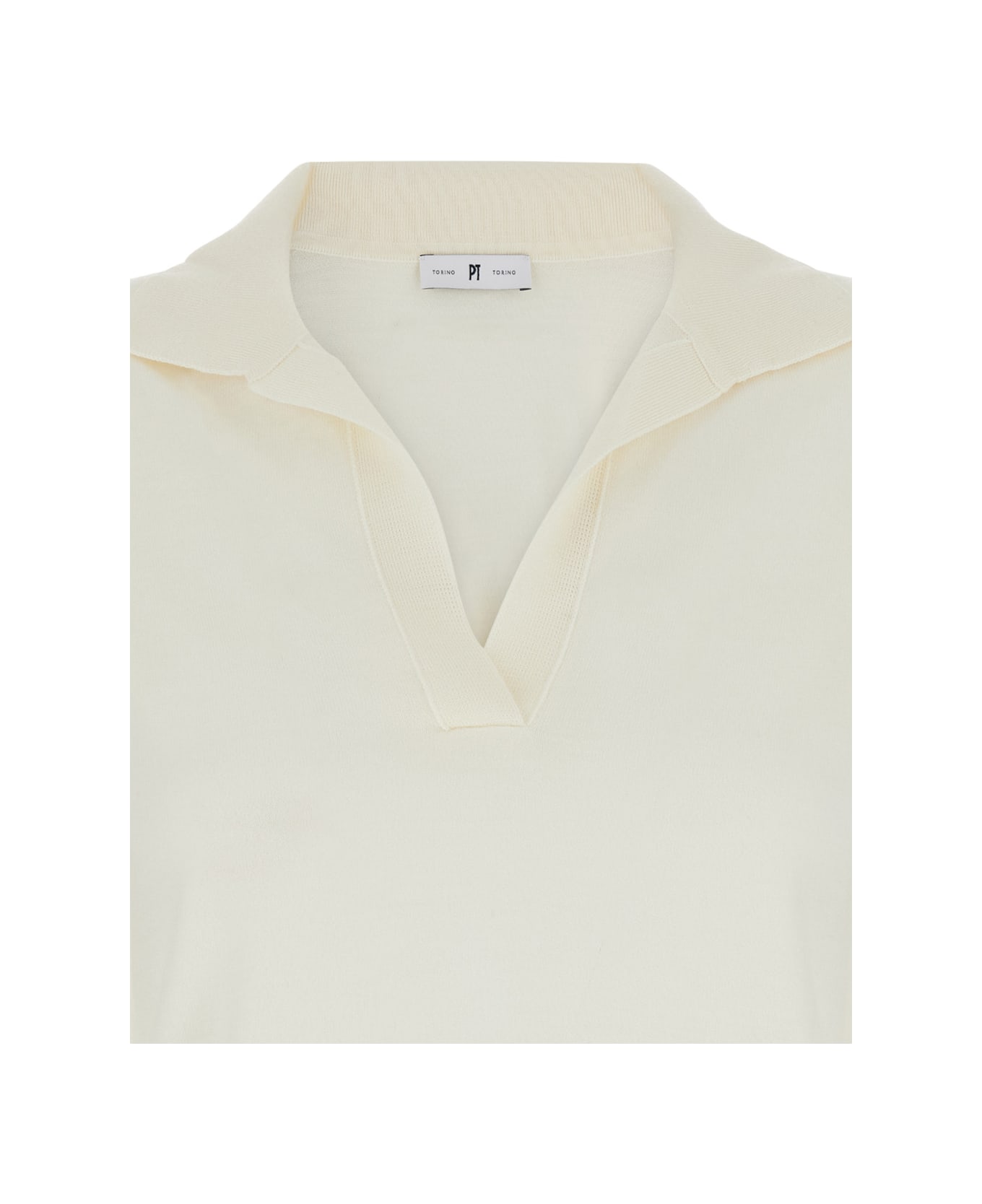 PT Torino White Polo With V-neck And Short Sleeves In Virgin Wool Woman - White