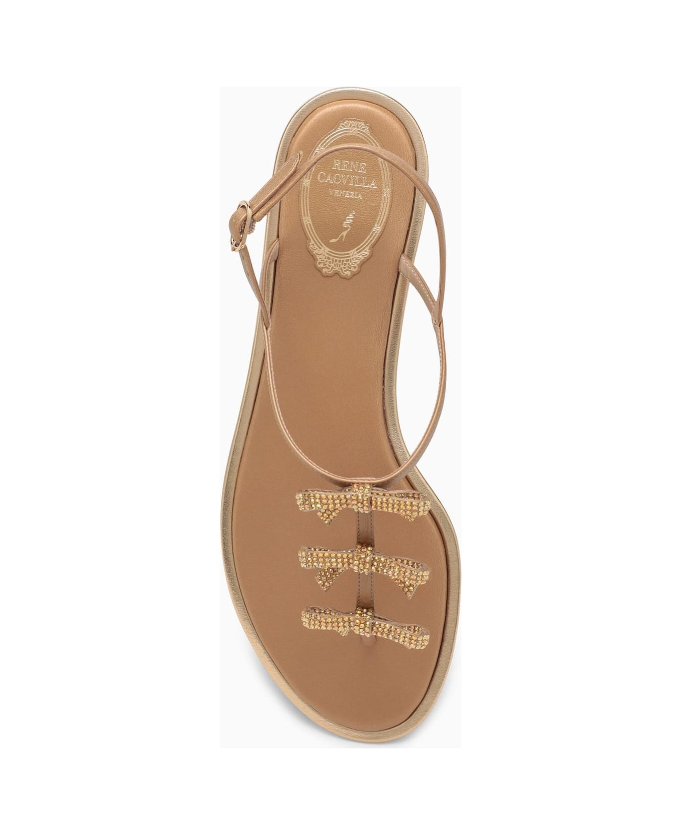 René Caovilla Golden Leather Sandal With Bows - Golden