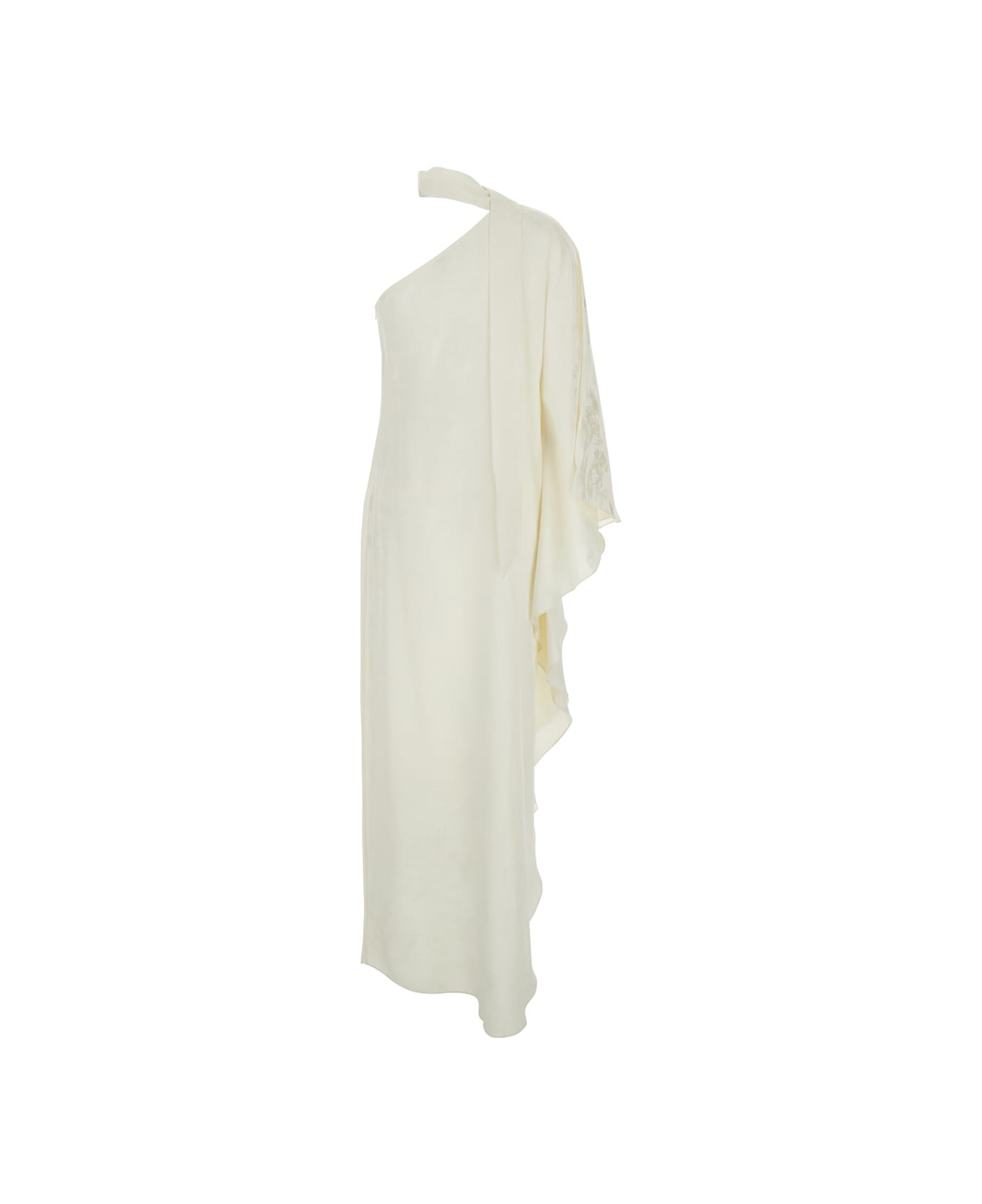 Taller Marmo 'ubud' White Maxi Dress With One-shoulder Design And Scarf Detail In Toile-de-jouy Jacquard Woman - White