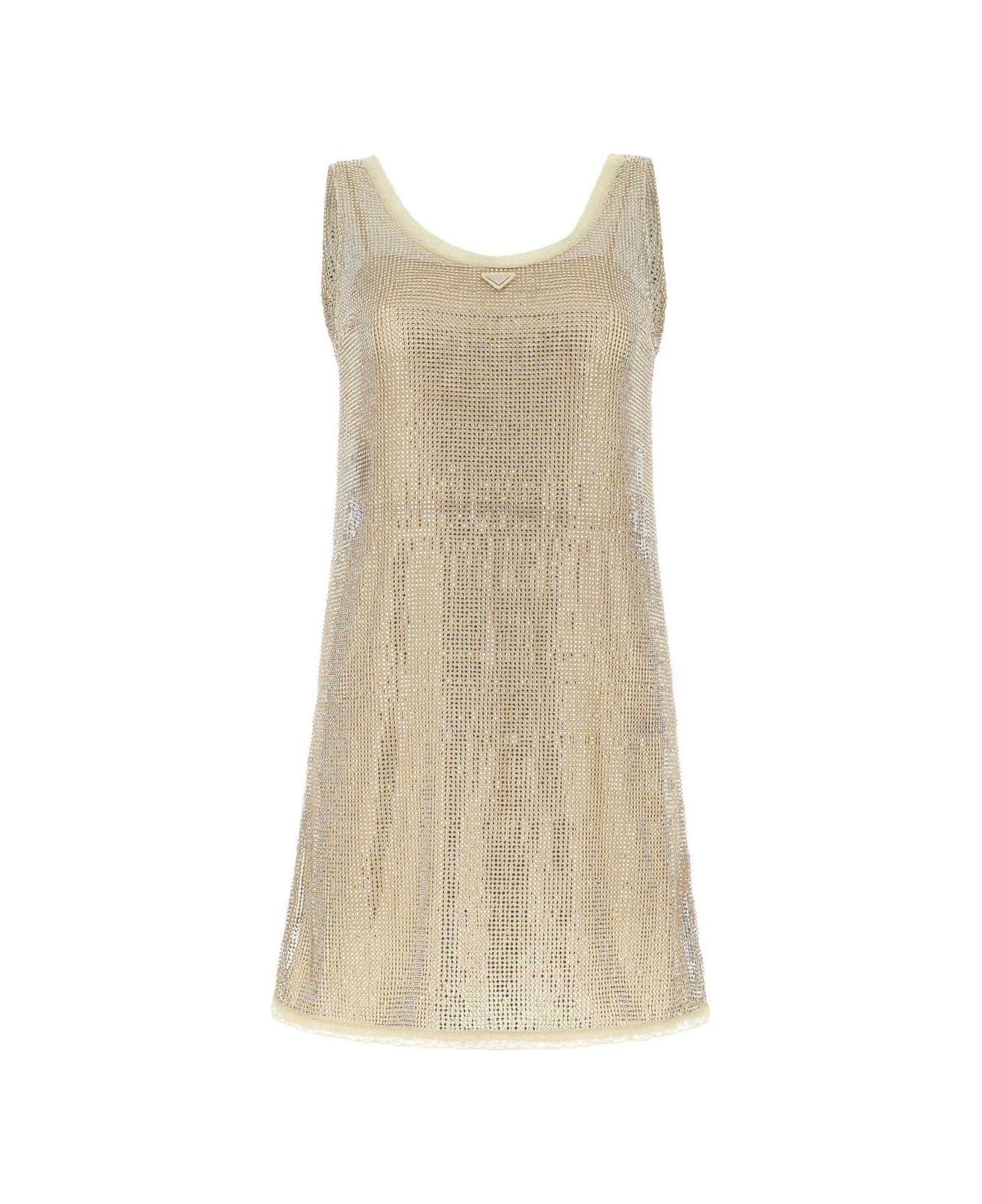 Prada Logo Plaque Embellished Sleeveless Dress - Gold