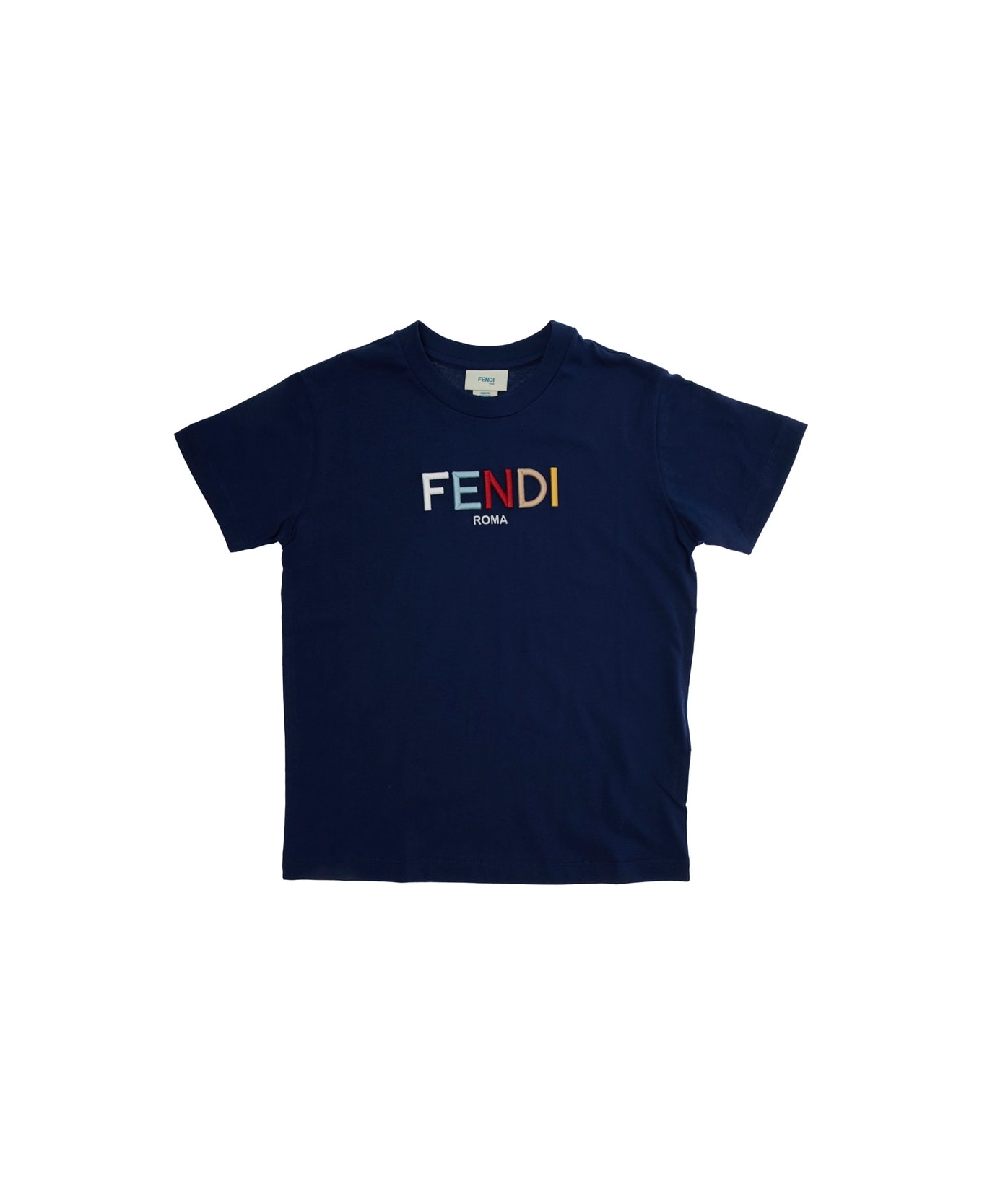 Fendi Blue T-shirt With Multicolor Logo Lettering In Cotton Boy - Blu