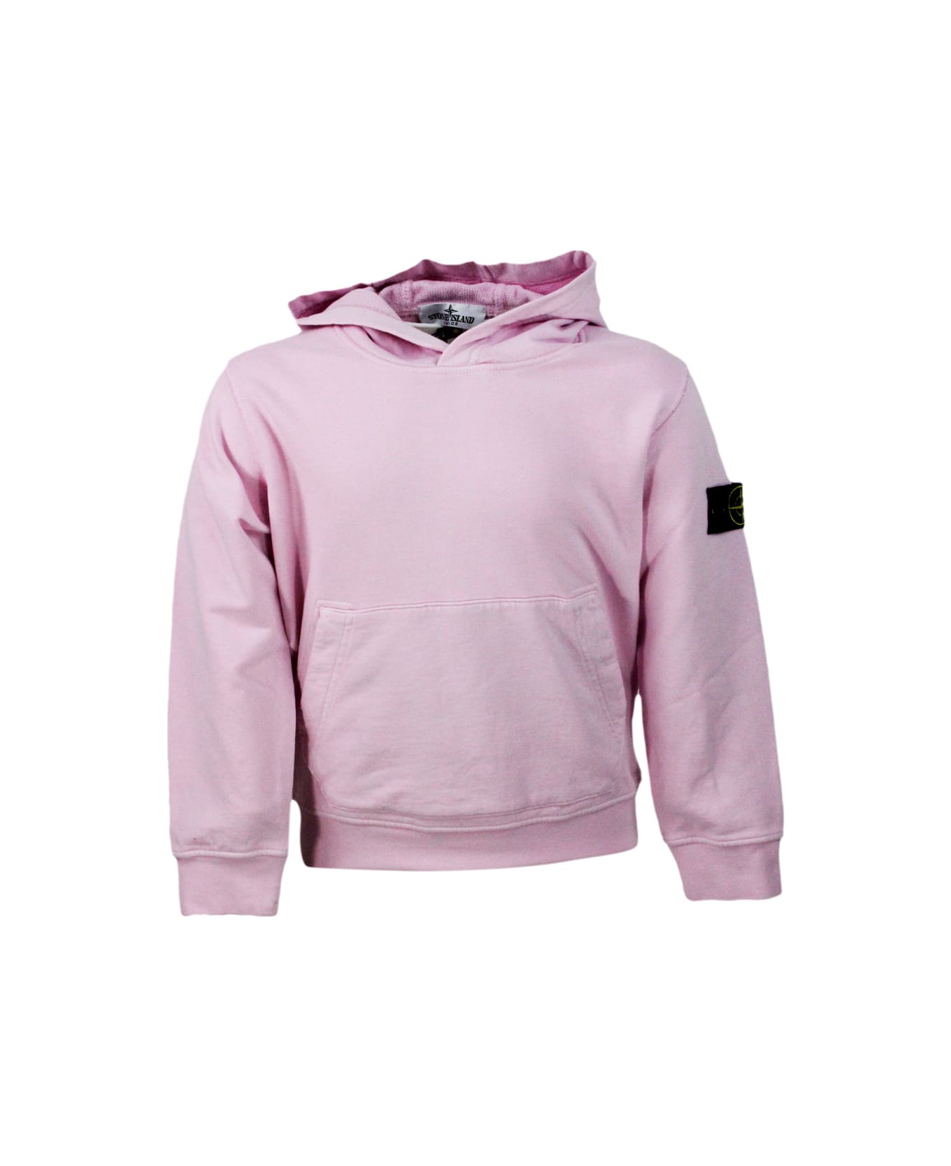 Stone Island Cotton Sweatshirt With Hood, Kangaroo Pockets And Logo On The Sleeve - Pink