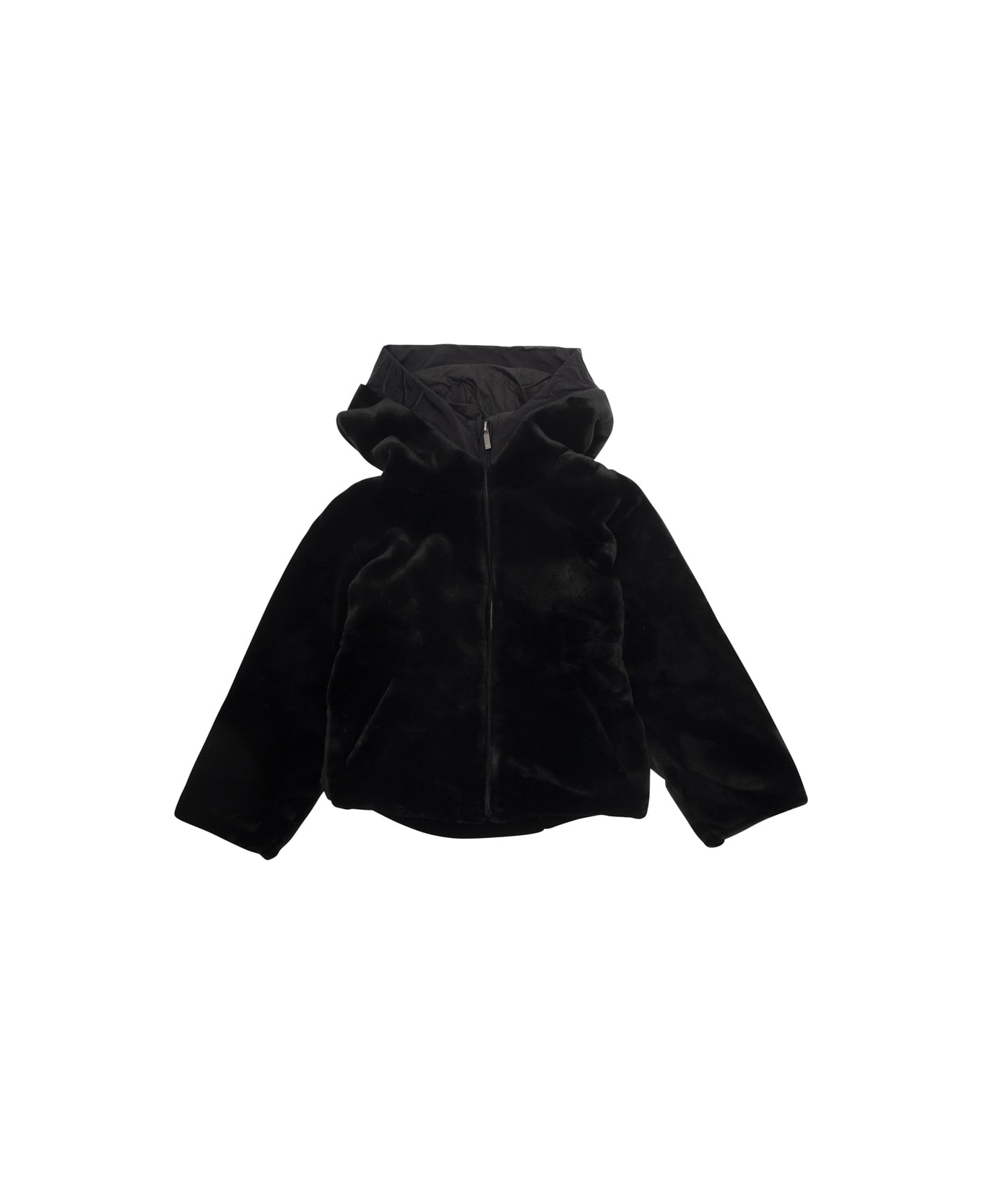 Emporio Armani Black Hooded Jacket With Logo Lettering Detail In Fur Girl - Black