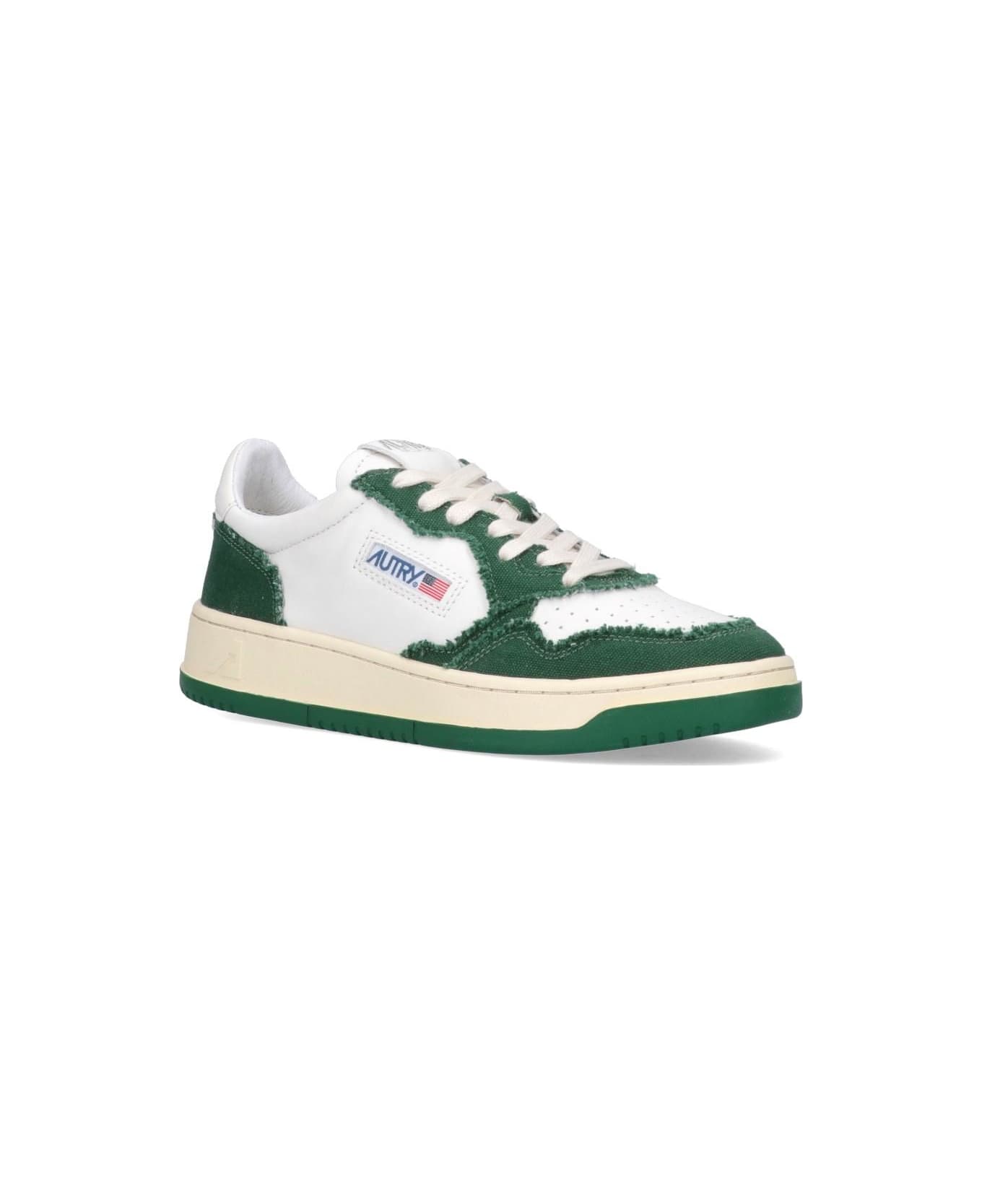 Autry Sneakers In White And Green Leather And Canvas - Bianco Eden