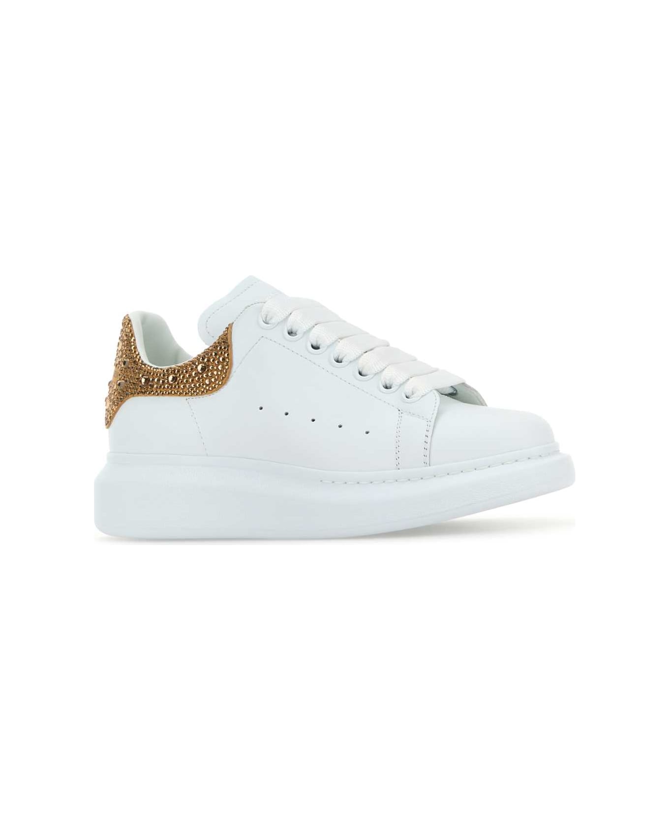 Alexander McQueen White Leather Sneakers With Embellished Suede Heel - WHITEDARKCAMEL