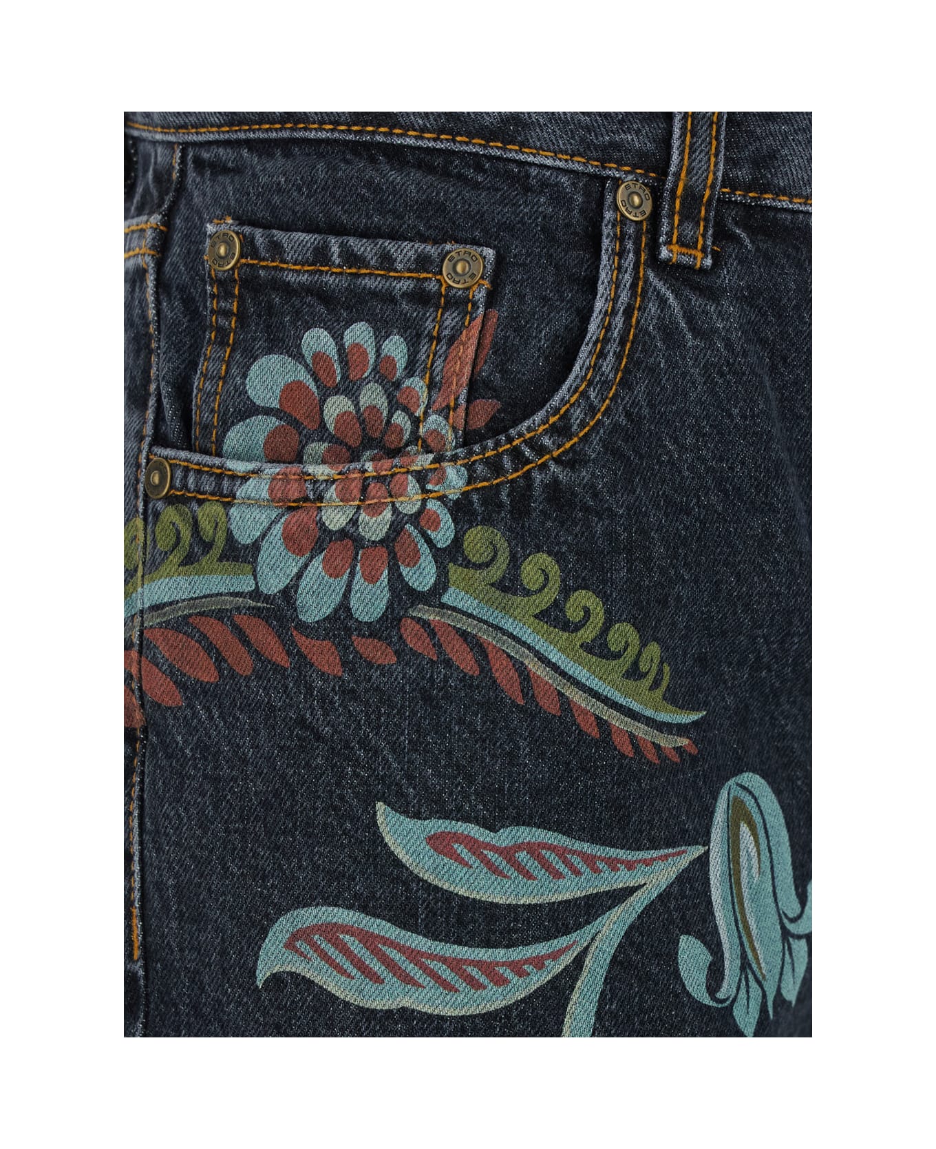Etro Blue Jeans With All-over Painted Flowers In Denim Woman - Blu
