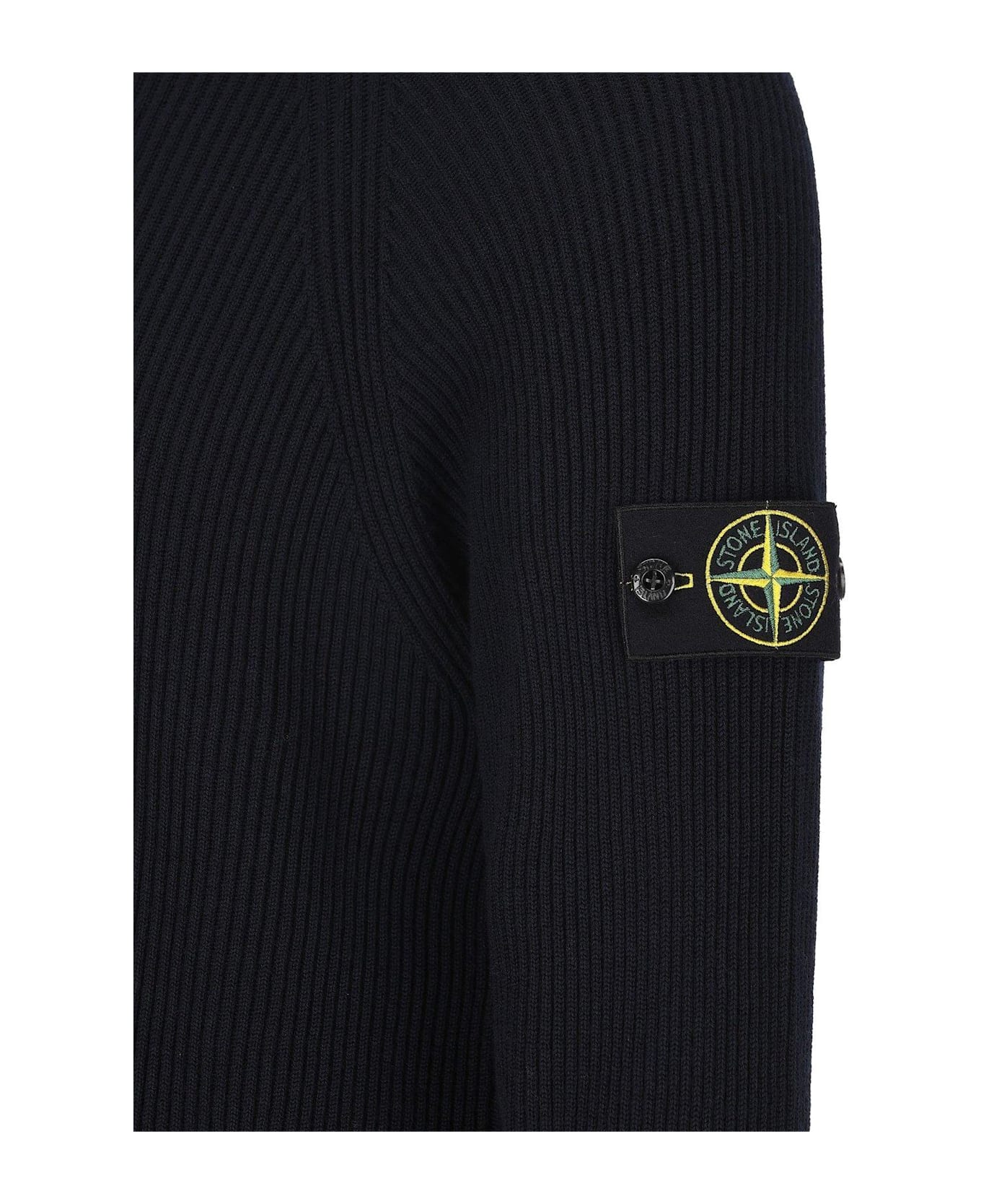 Stone Island Logo Patch Zip-up Ribbed Cardigan - BLUE