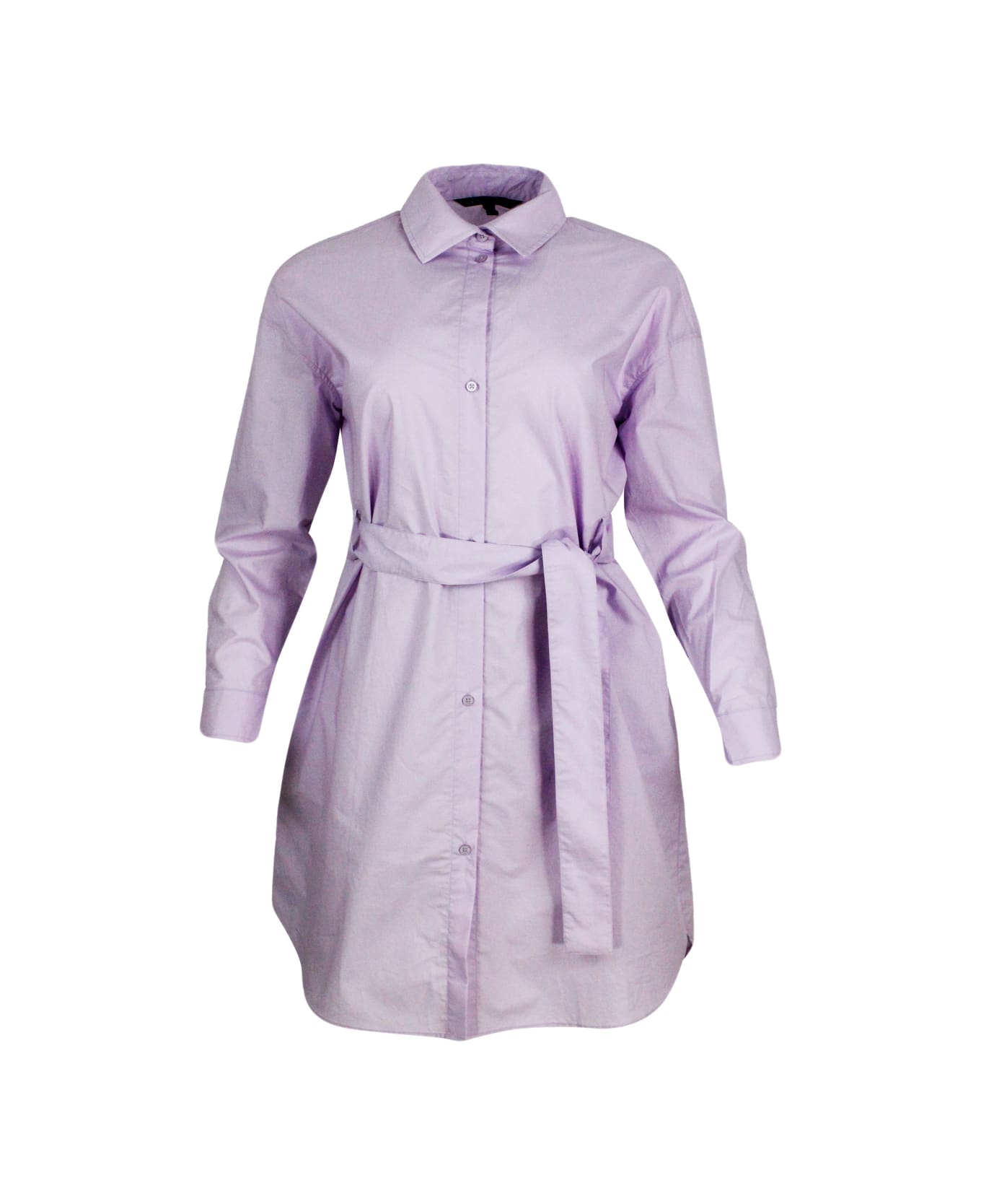 Armani Collezioni Dress Made Of Soft Cotton With Long Sleeves, With Button Closure On The Front And Belt. - Pink ワンピース＆ドレス