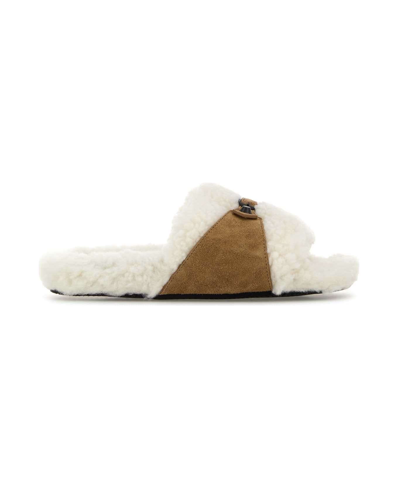 Balenciaga Two-tone Suede And Eco Fur Slide Furry Slippers - OFF WHT/CAMEL