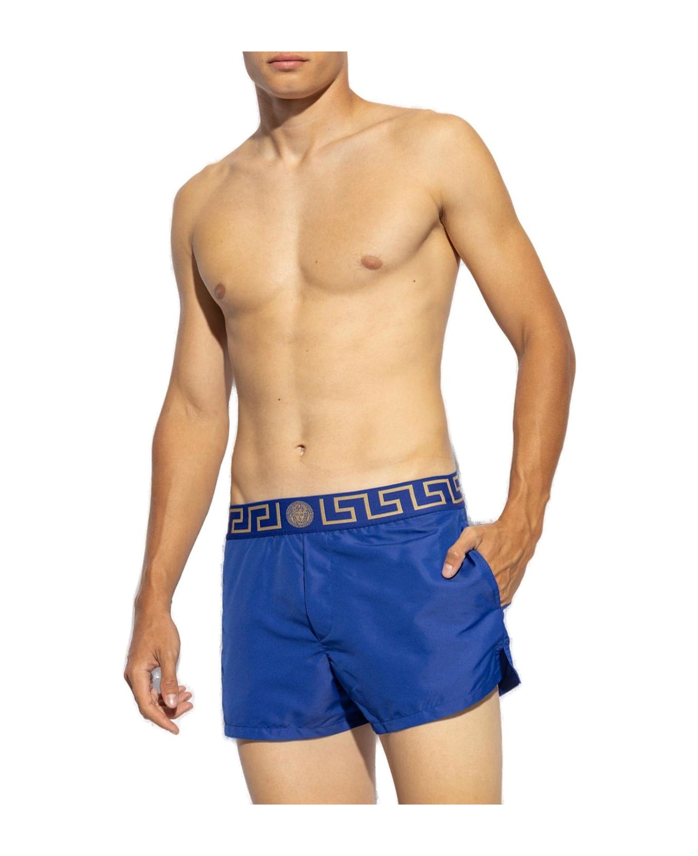 Versace Greca Border Elasticated Waistband Swim Shorts - BLUE