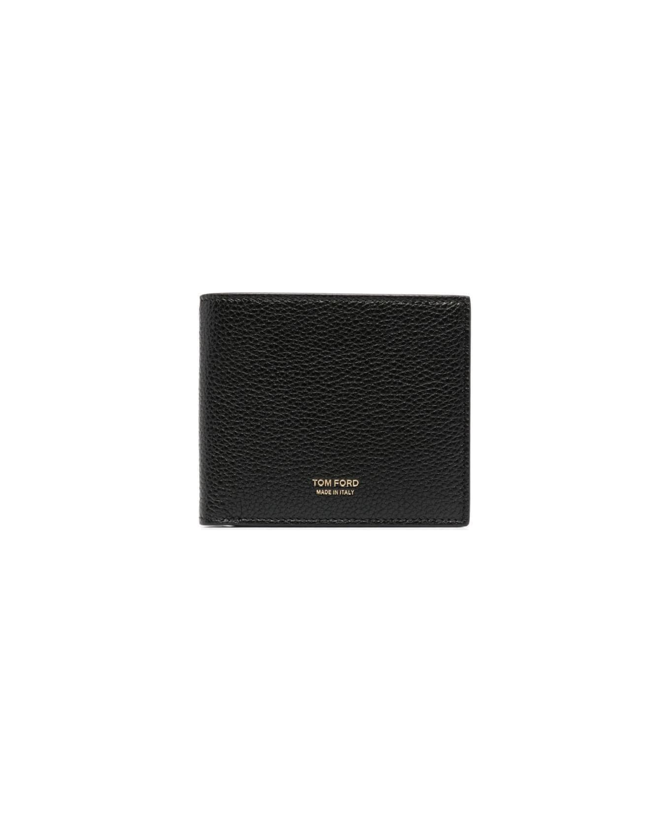 Tom Ford Black Bi-fold Wallet With Gold-colored Embossed Logo In Grainy Leather Man - Black