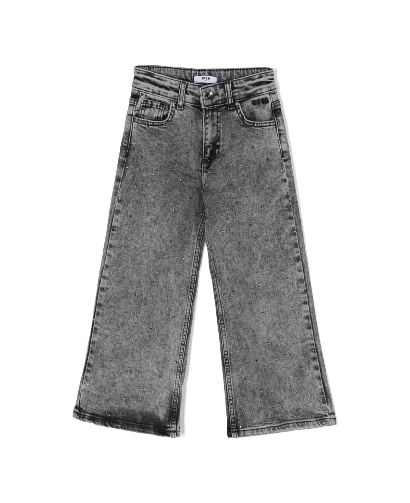 MSGM Wide-leg Jeans In Grey Denim With Rhinestones - Grigio