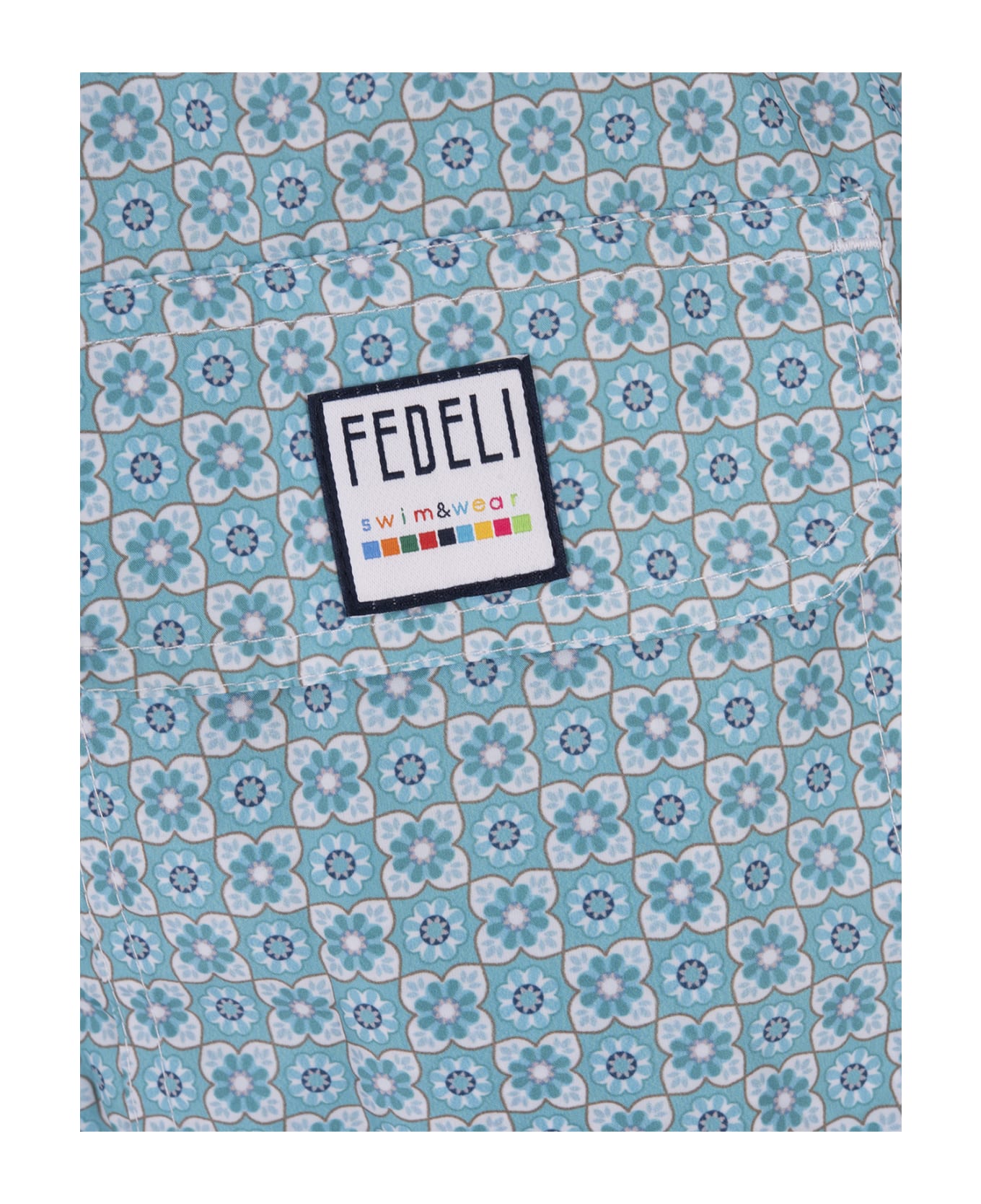 Fedeli Turquoise Swim Shorts With Flower Pattern - Blue