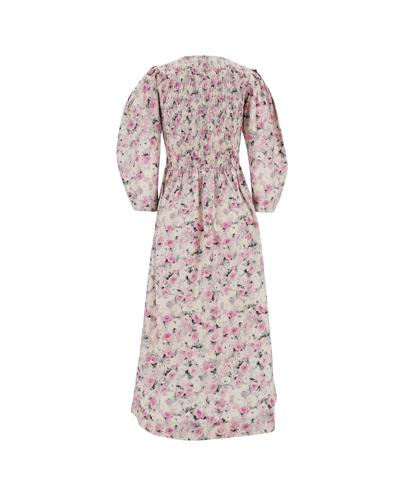 Ganni Long White And Pink Dress With Floreal Print And Puff Sleeves In Cotton Woman - Pink