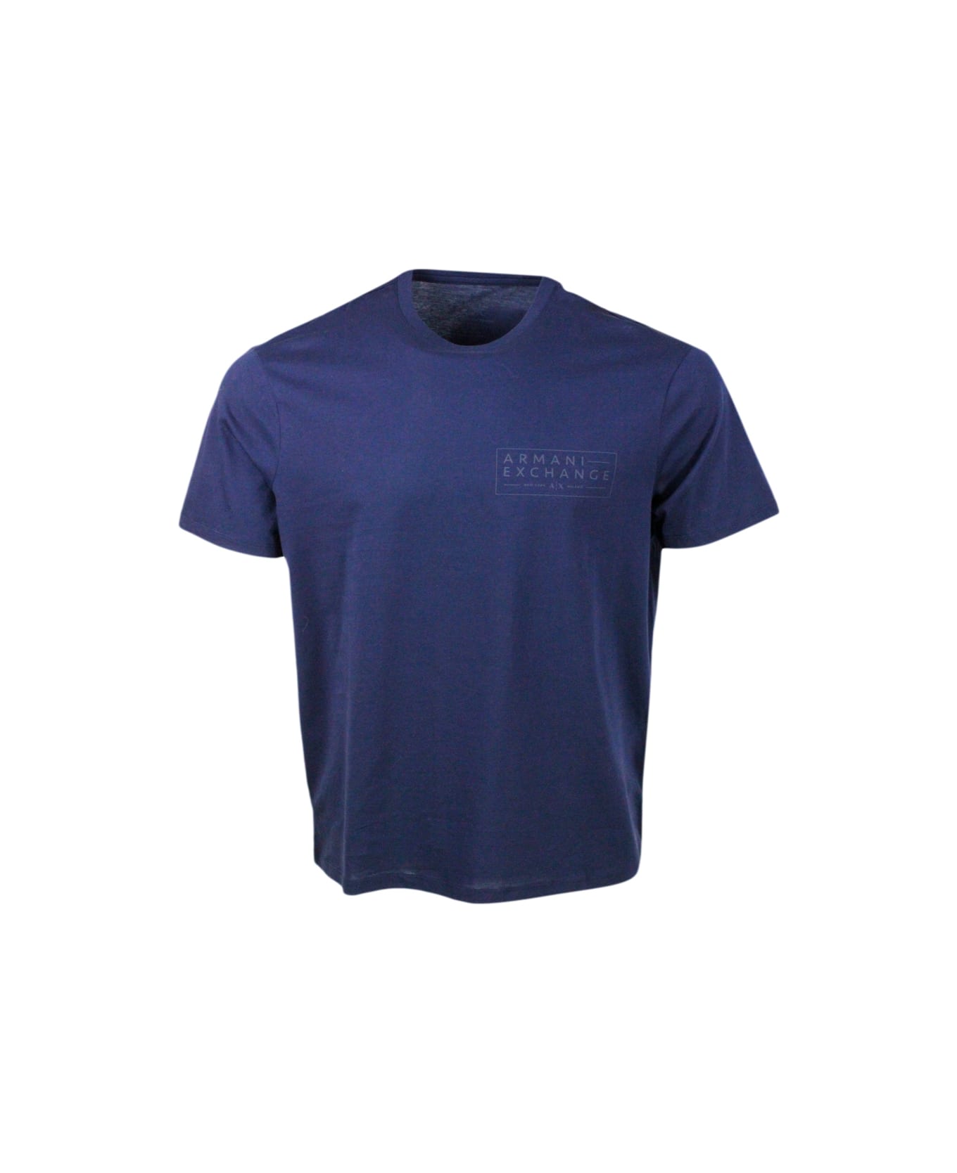 Armani Collezioni Crew-neck, Short-sleeved T-shirt In Soft Cotton With Tone-on-tone Logo On The Chest - Blu