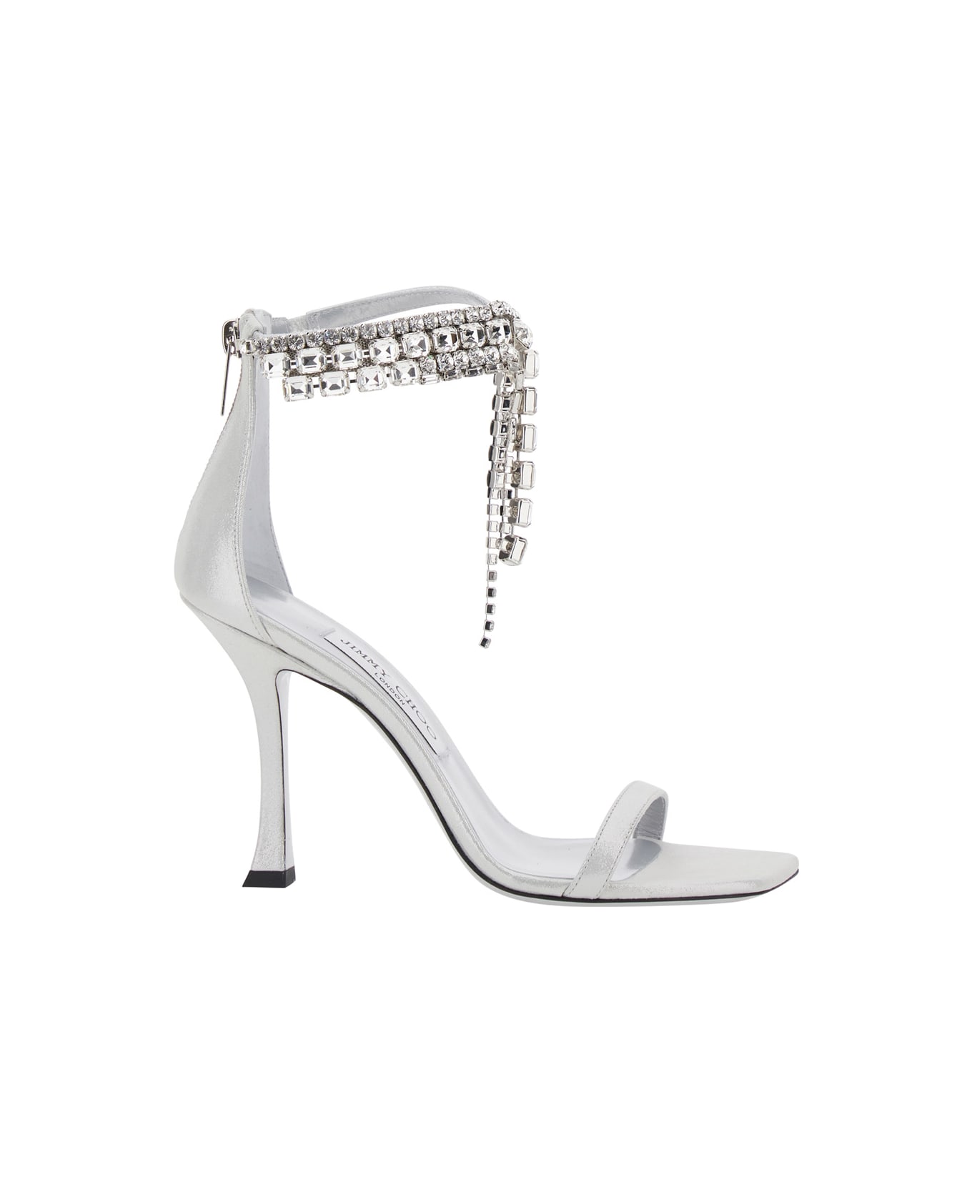 Jimmy Choo 'crystal' Metallic Sandals With Rhinestoned Ankle Strap And High Curved Heel In Leather Woman - Metallic