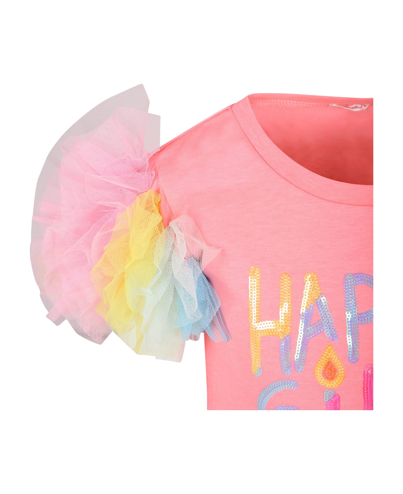 Billieblush Fuchsia T-shirt For Girl With Tulle And Multicolor Print - Fuchsia