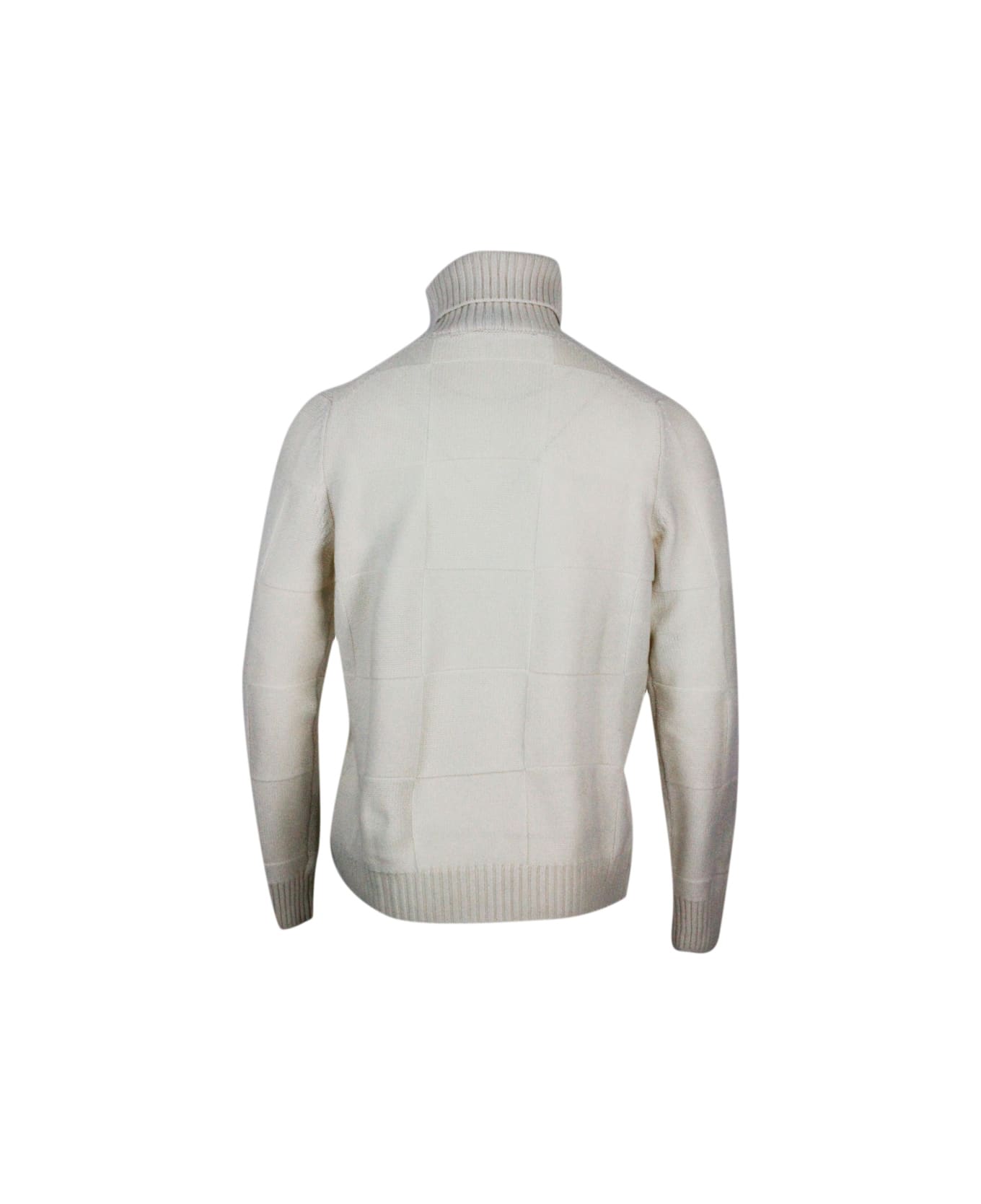 Barba Napoli Turtleneck Sweater In Pure And Soft Cashmere With Alternating Embossed Squares - White