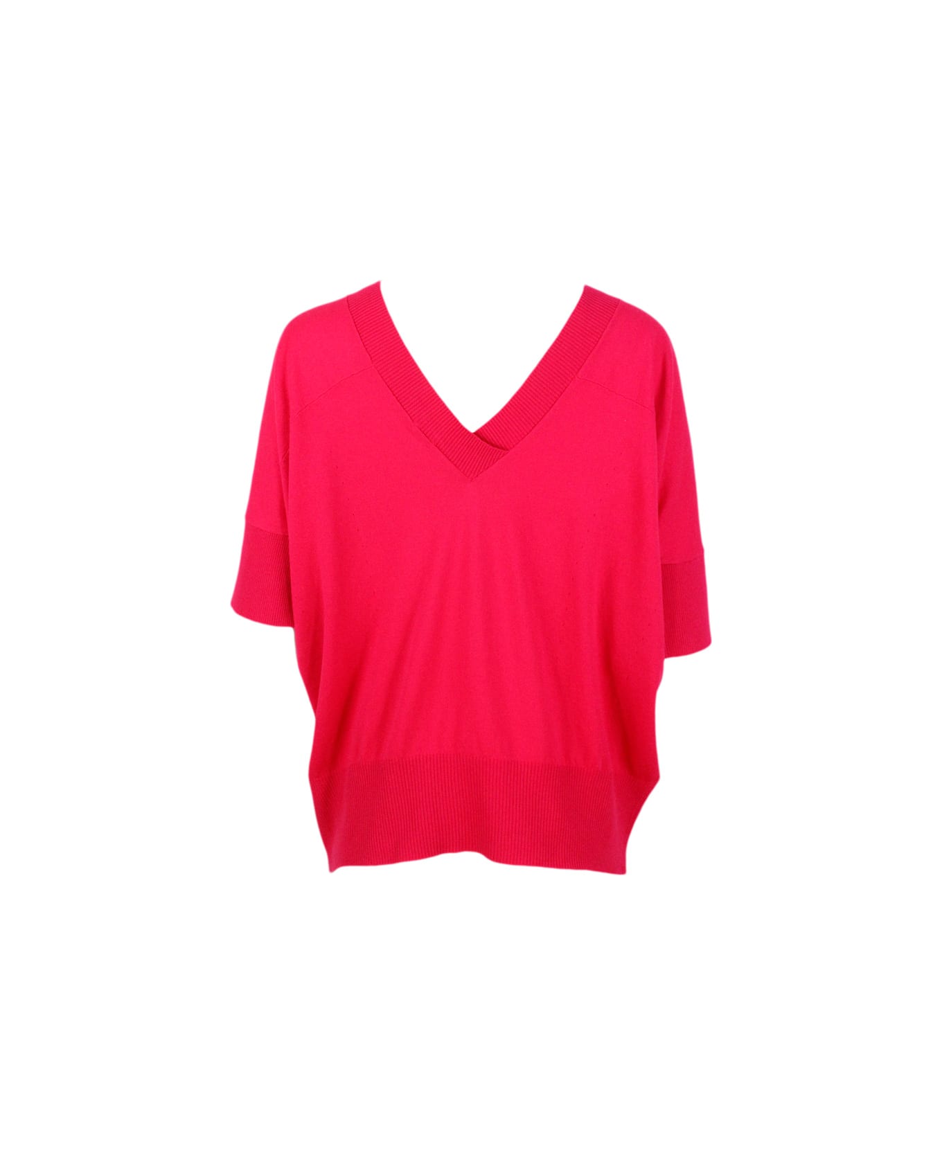 Malo Light Oversized Sweater In 100% Fine Cotton With Short Sleeve V-neck - Cherry
