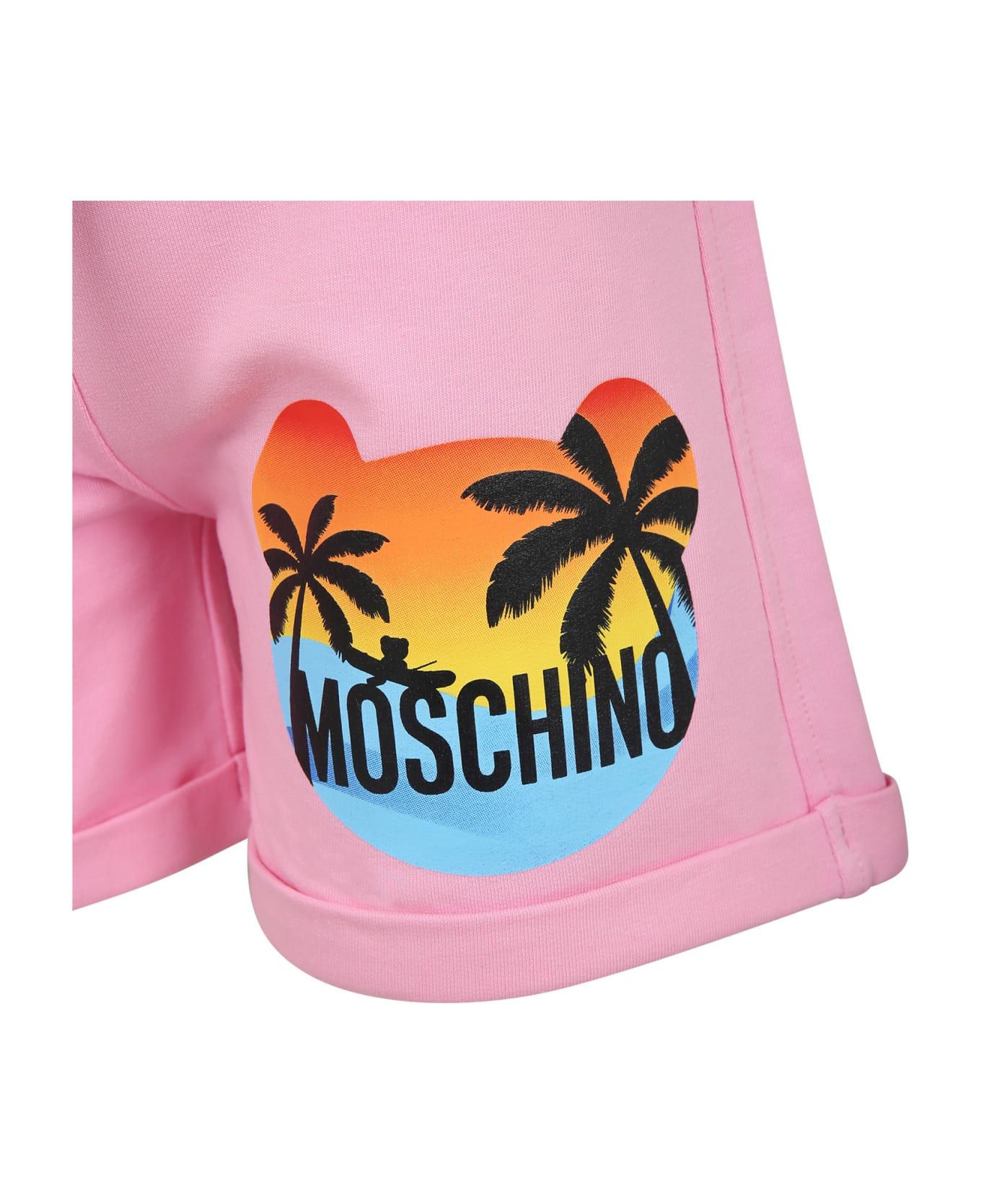 Moschino Pink Shorts For Girl With Multicolor Print And Logo - Pink