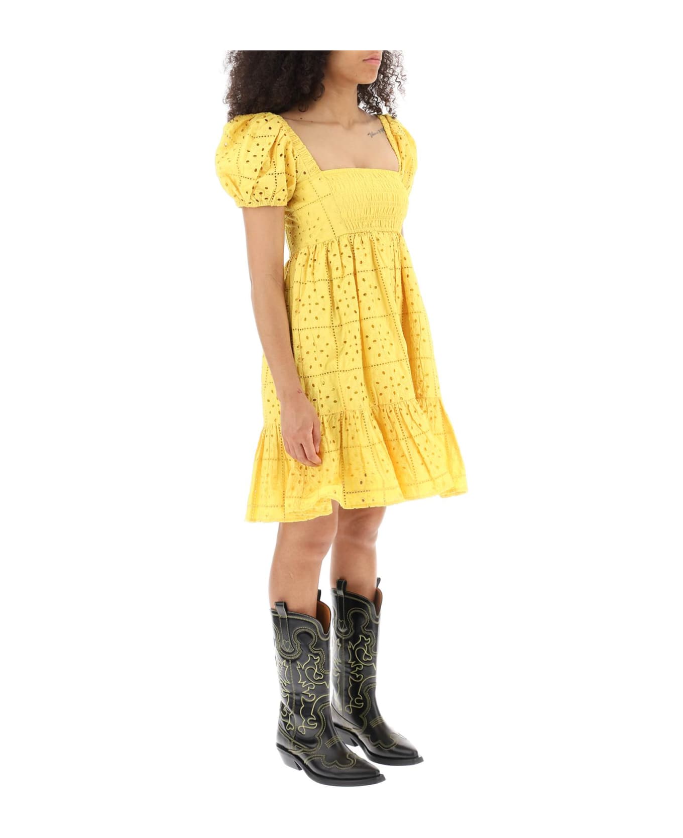 Ganni Broderie Mini Dress - MAIZE (Yellow)