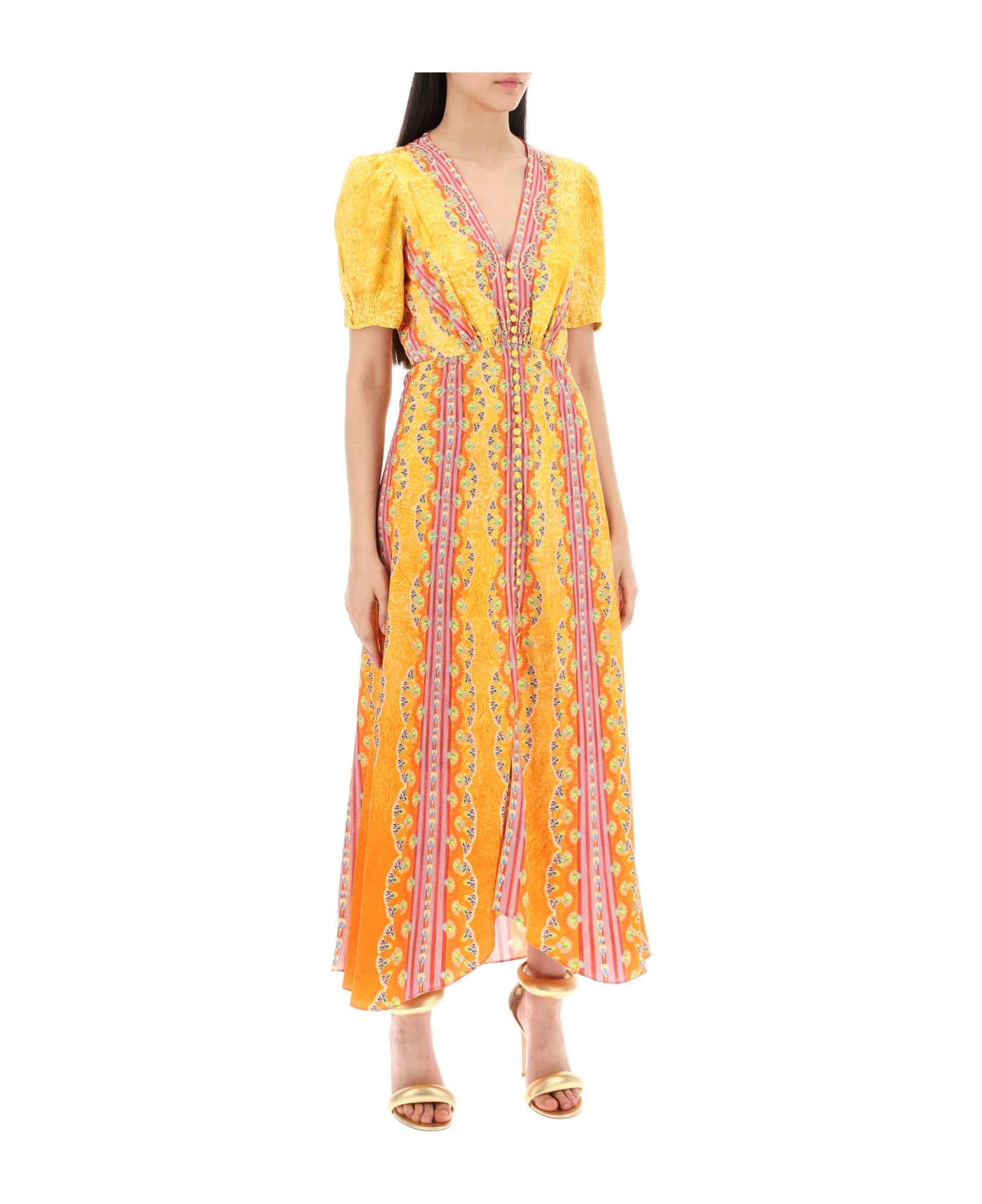 Saloni Long Silk Dress Lea In Eight - CARNIVAL STRIPE PLMT (Yellow)