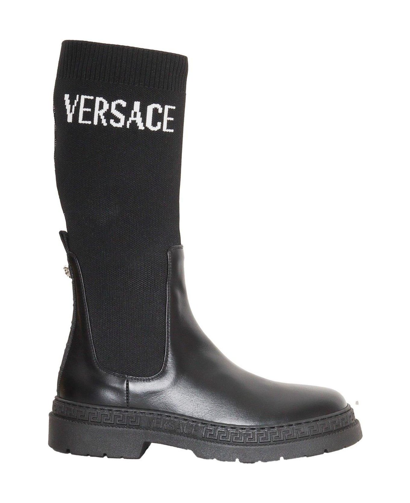 Young Versace Logo Intarsia Round Toe Boots - P Nero Bianco Palladio