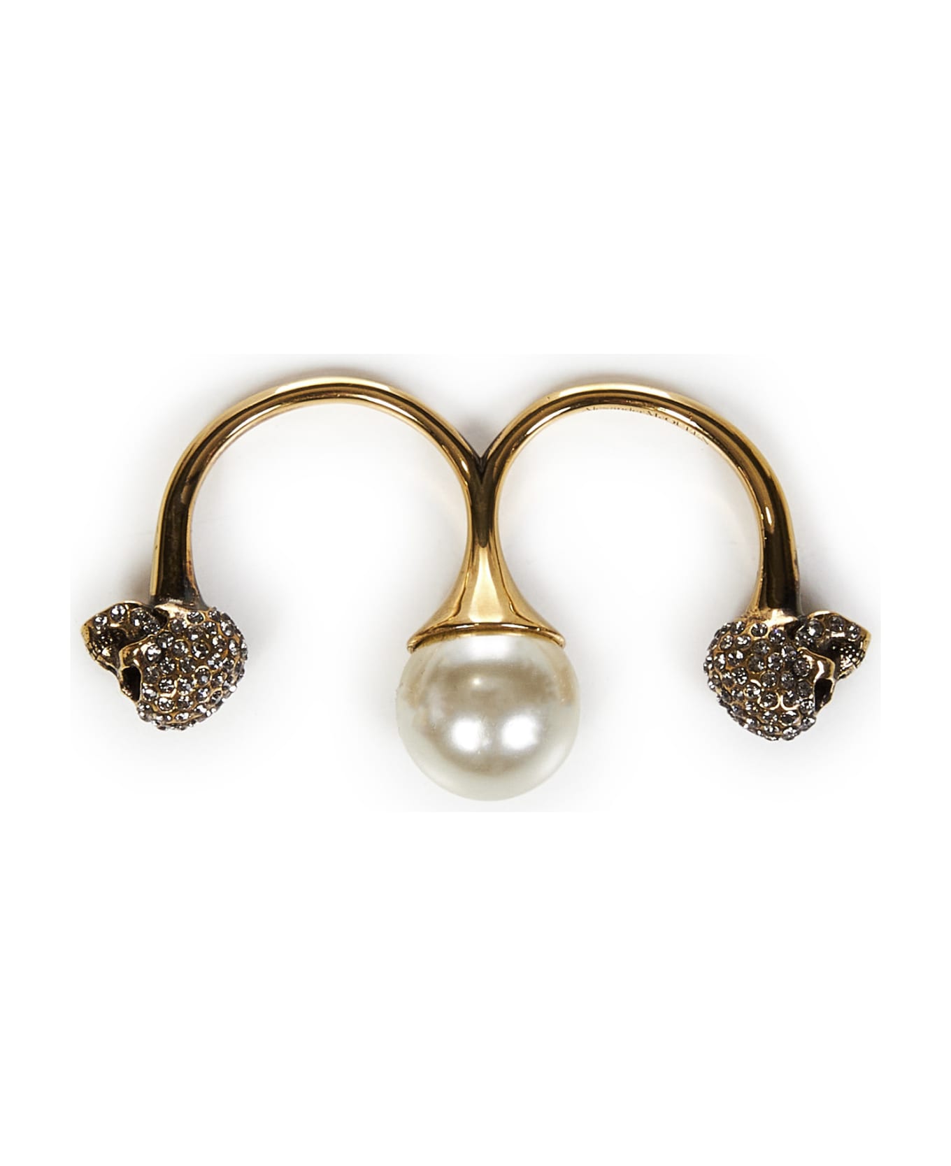 Alexander McQueen Antiqued Gold Double Pearl Skull Ring - Oro