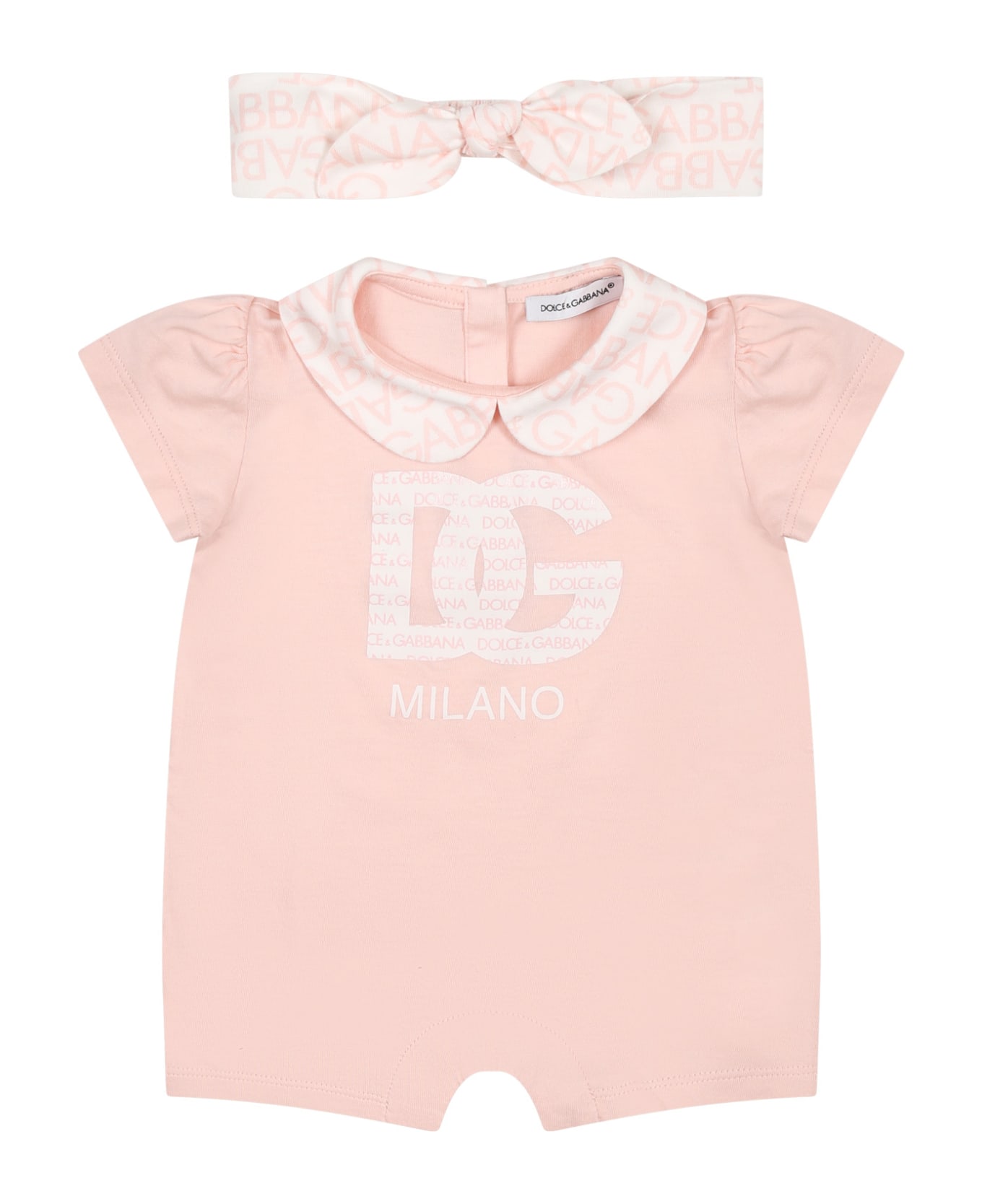 Dolce & Gabbana Pink Romper For Baby Girl With Logo - Pink ボディスーツ＆セットアップ