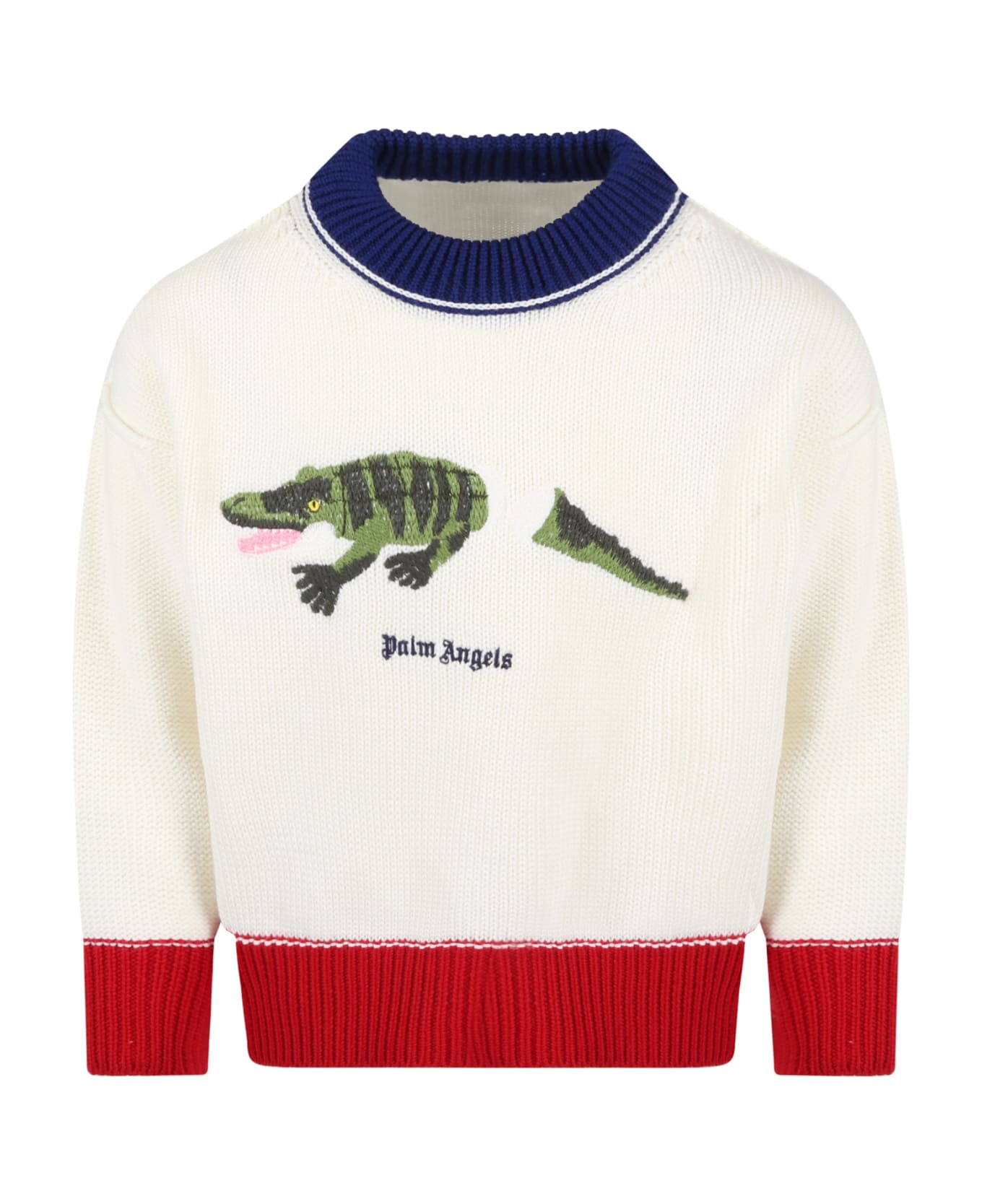 Palm Angels White Sweater For Kids With Crocodile And Logo - White
