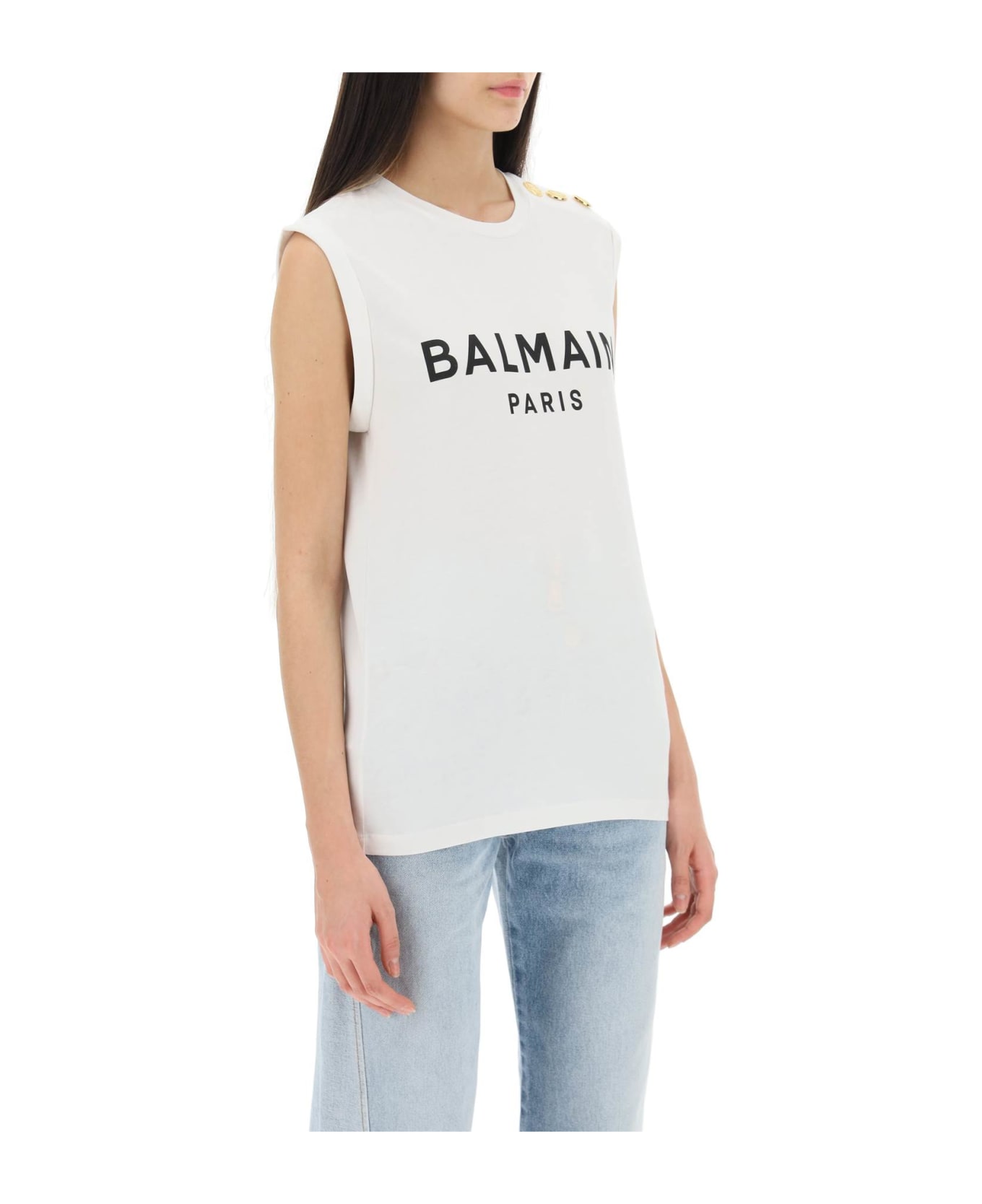 Balmain Button Embellished Sleeveless Logo T-shirt - White タンクトップ